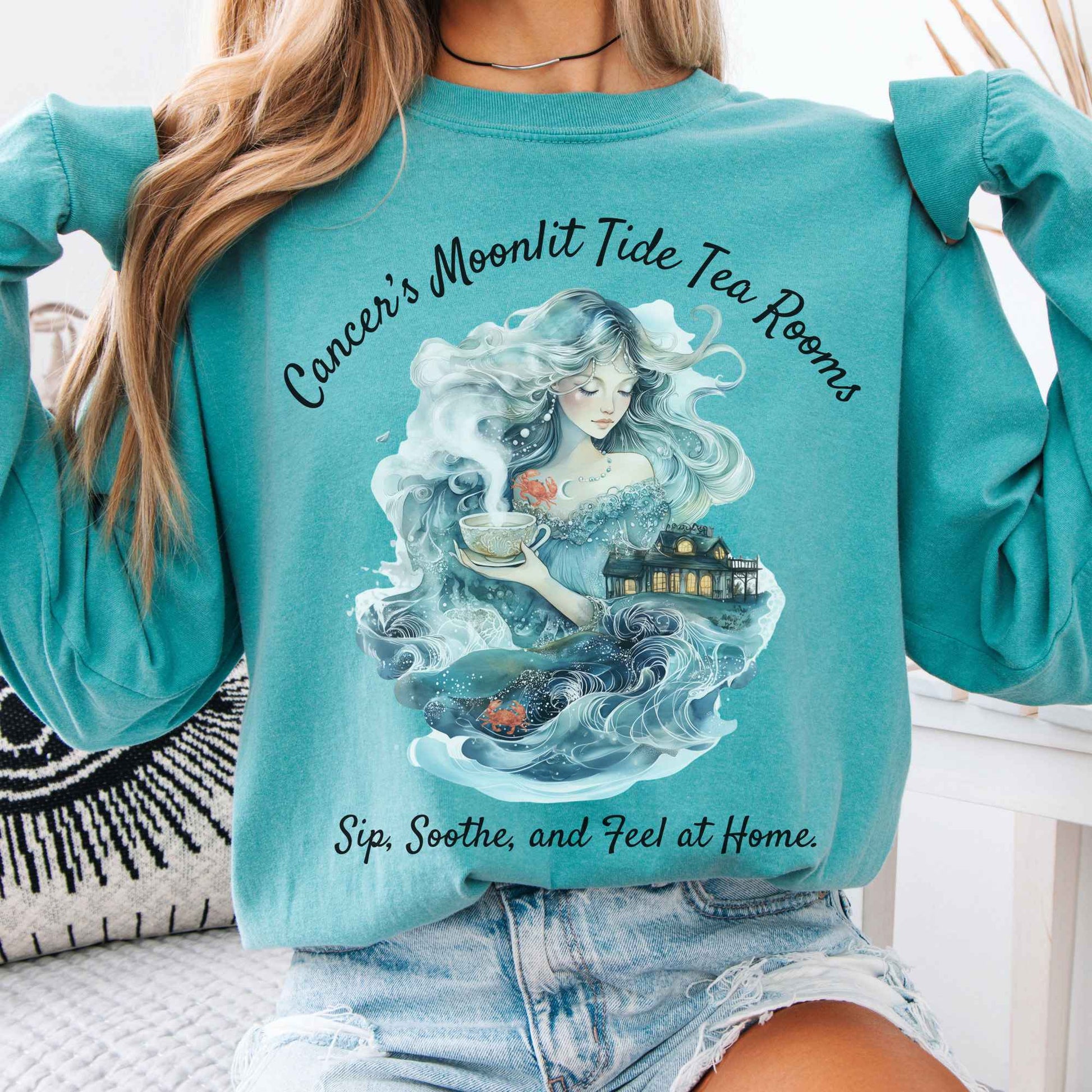 Long-sleeve Seafoam / S Cancer's Moonlit Tide Tea Rooms Zodiac Long Sleeve Tee The Mystic Eden