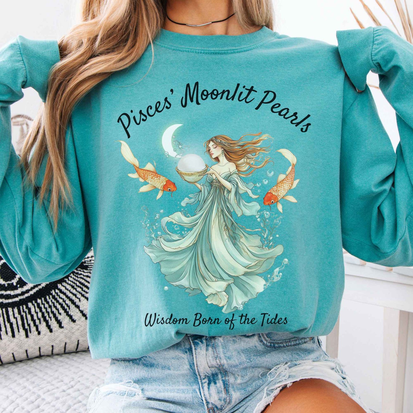 Long-sleeve Seafoam / S Pisces' Moonlit Pearls Zodiac Long Sleeve Tee The Mystic Eden