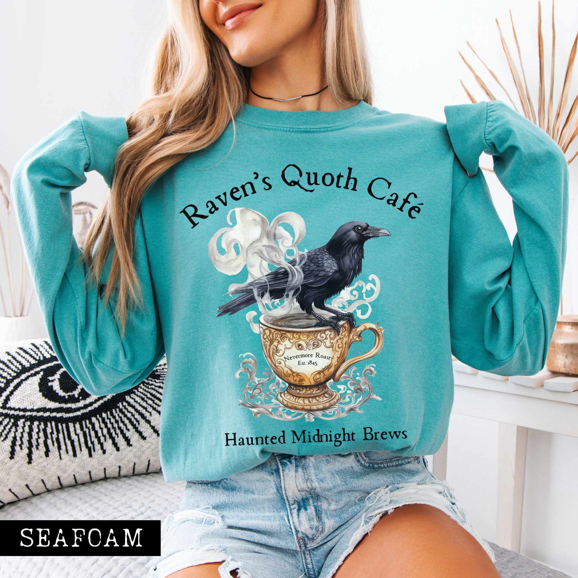 Long-sleeve Seafoam / S Raven's Quoth Cafe Long Sleeved Shirt The Mystic Eden