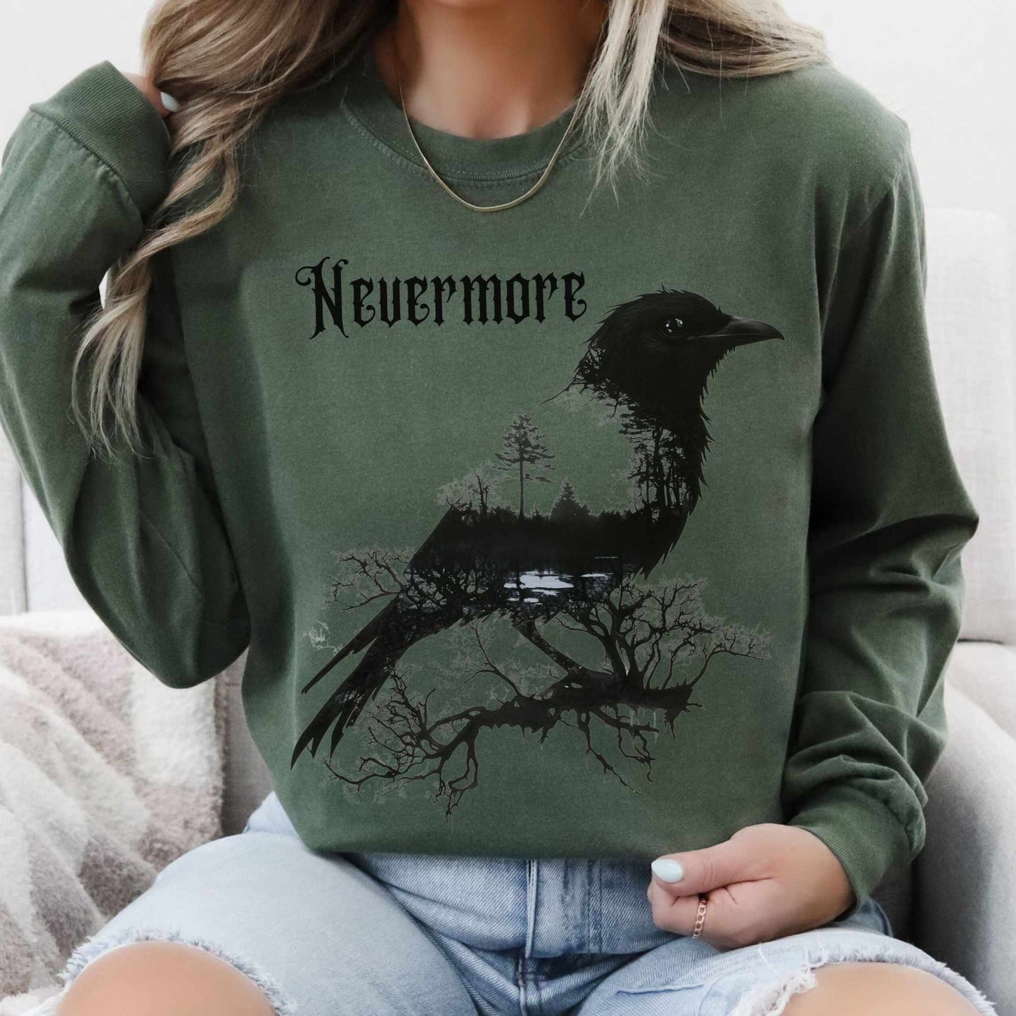 Long-sleeve The Raven Nevermore Long Sleeved Shirt Edgar Allan Poe The Mystic Eden