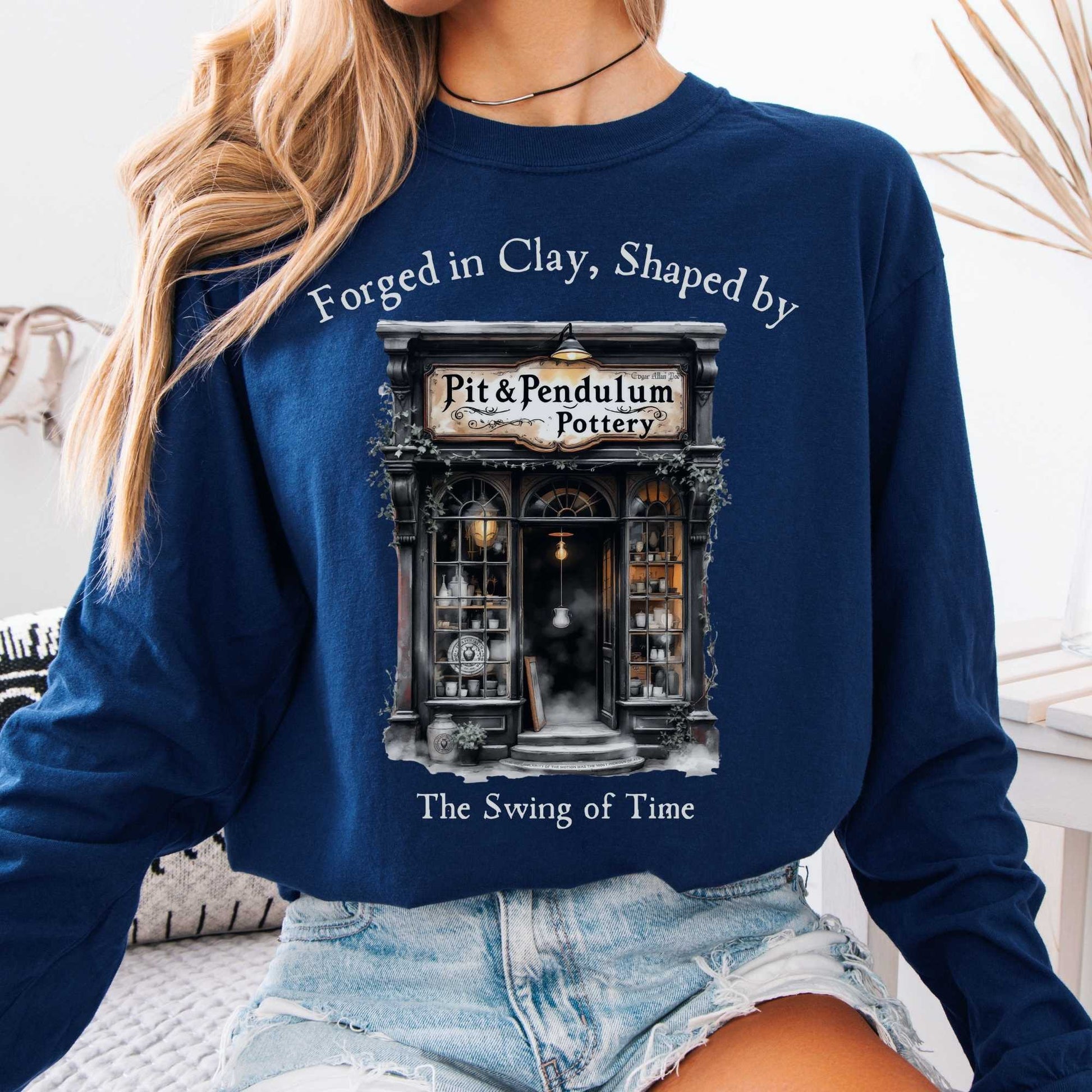 Long-sleeve True Navy / S Pit & Pendulum Pottery Edgar Allan Poe Long Sleeved Shirt The Mystic Eden