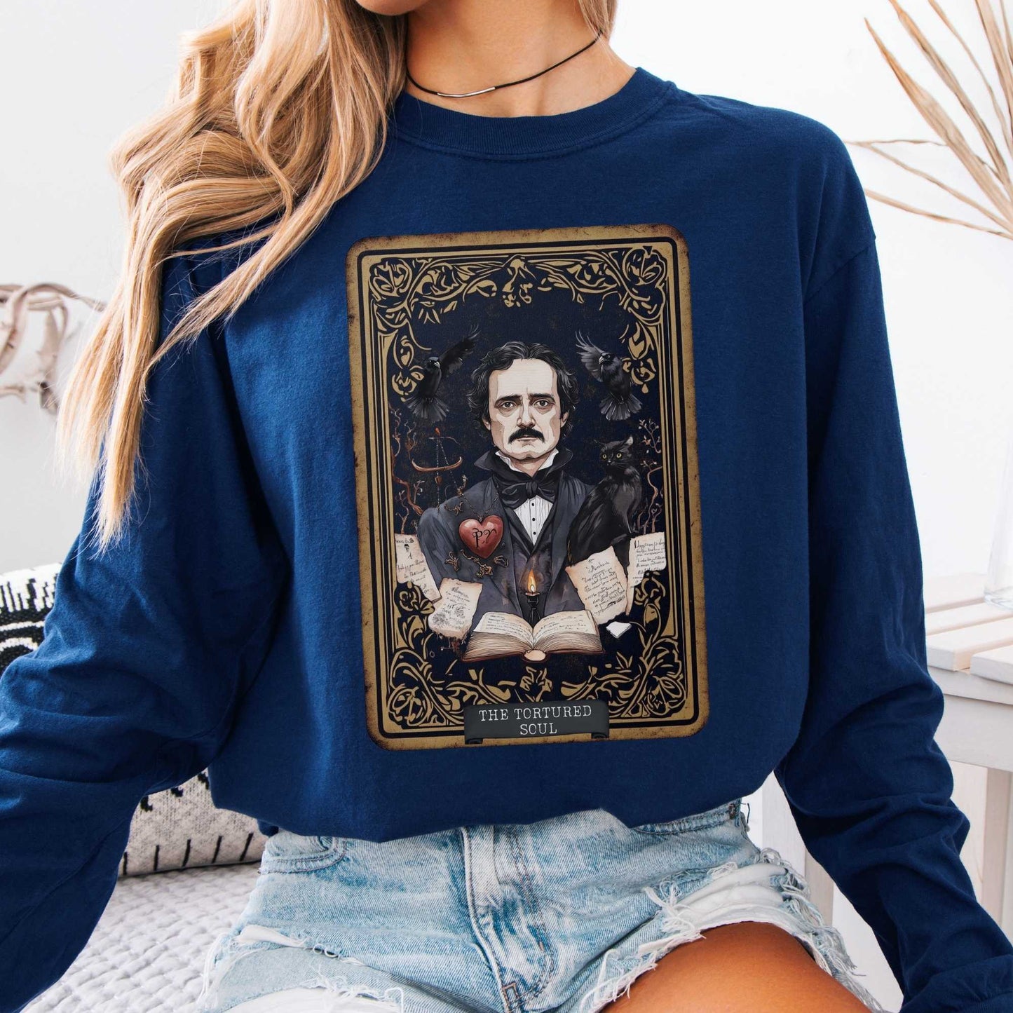Long-sleeve True Navy / S The Tortured Soul Tarot Card Edgar Allan Poe Long Sleeved Shirt The Mystic Eden