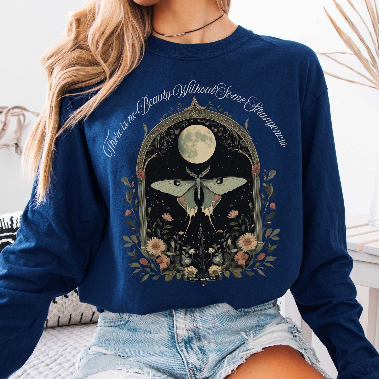 Long-sleeve True Navy / S There is no Beauty Without Some Strangeness Poe Long Sleeved Shirt The Mystic Eden