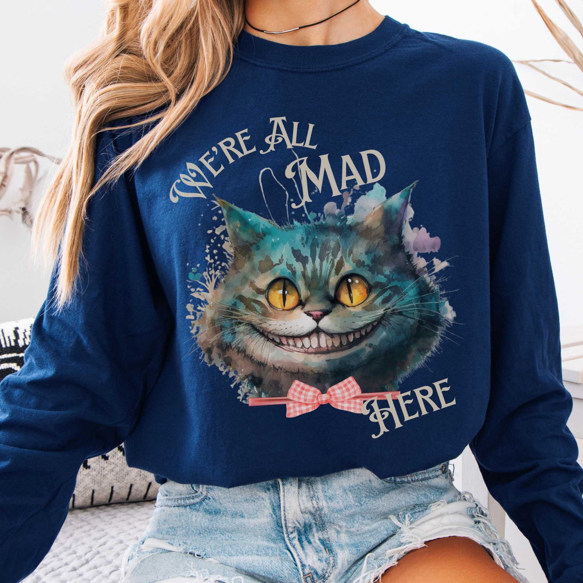Long-sleeve True Navy / S We're All Mad Here Cheshire Cat Long Sleeve Shirt The Mystic Eden