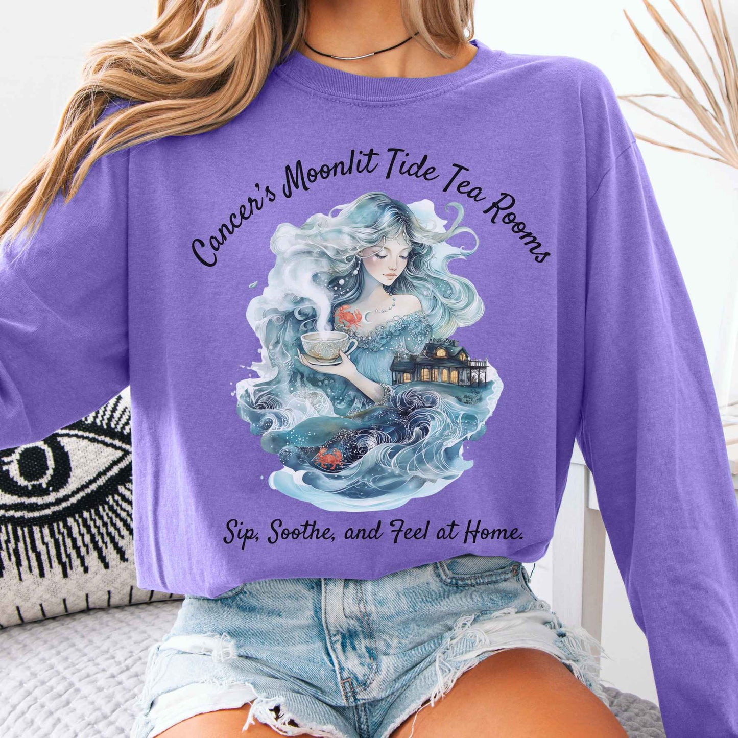 Long-sleeve Violet / S Cancer's Moonlit Tide Tea Rooms Zodiac Long Sleeve Tee The Mystic Eden
