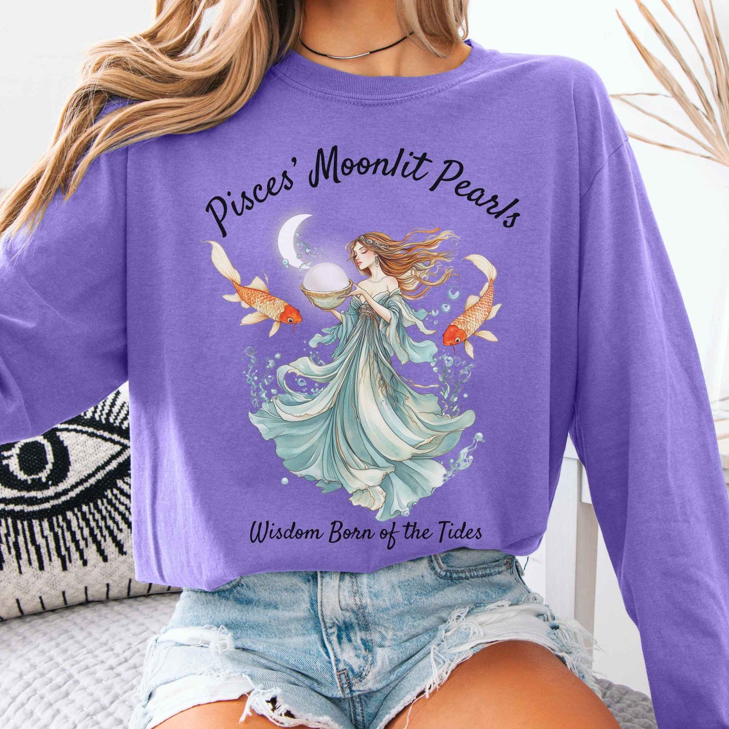 Long-sleeve Violet / S Pisces' Moonlit Pearls Zodiac Long Sleeve Tee The Mystic Eden