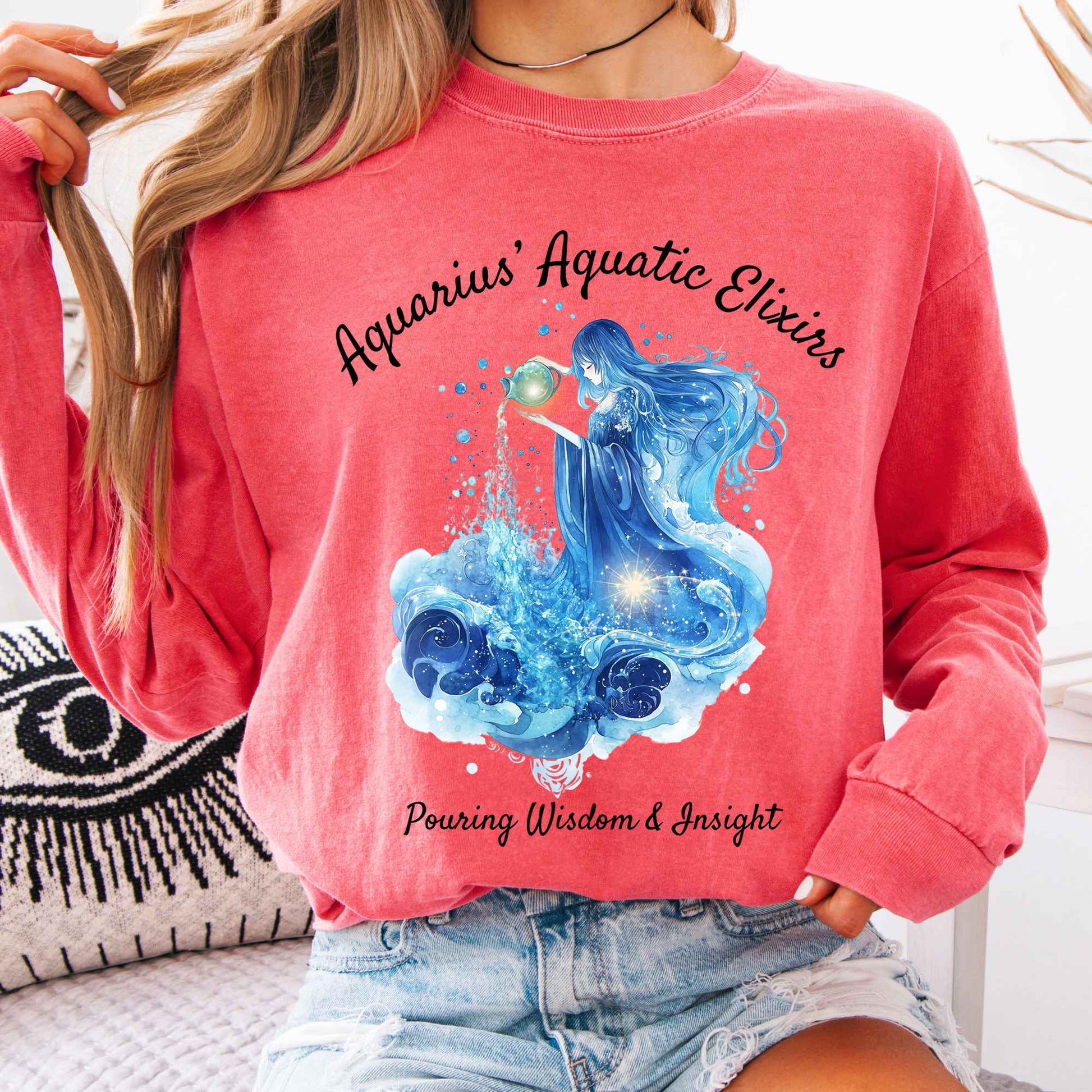 Long-sleeve Watermelon / S Aquarius Aquatic Elixirs Zodiac Long Sleeve Tee The Mystic Eden