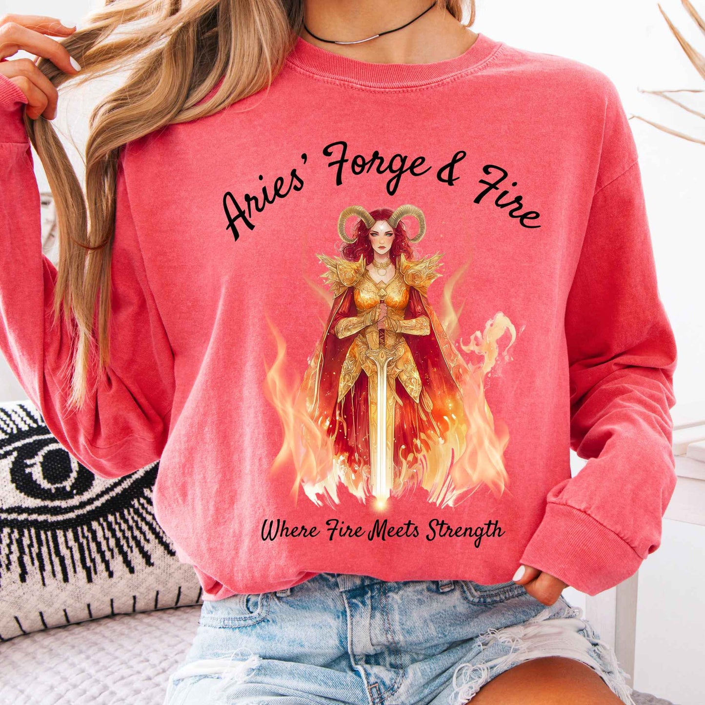 Long-sleeve Watermelon / S Aries' Forge & Fire Zodiac Long Sleeve Tee The Mystic Eden