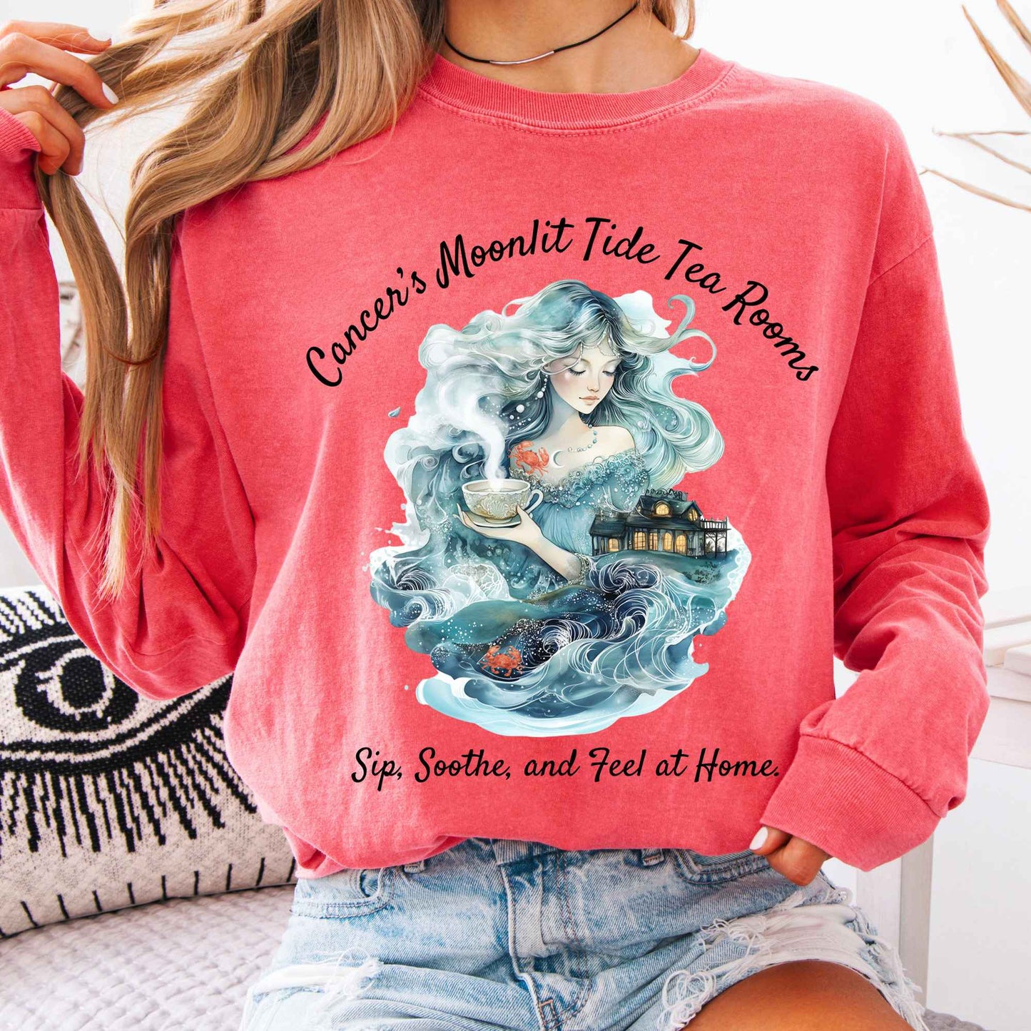 Long-sleeve Watermelon / S Cancer's Moonlit Tide Tea Rooms Zodiac Long Sleeve Tee The Mystic Eden