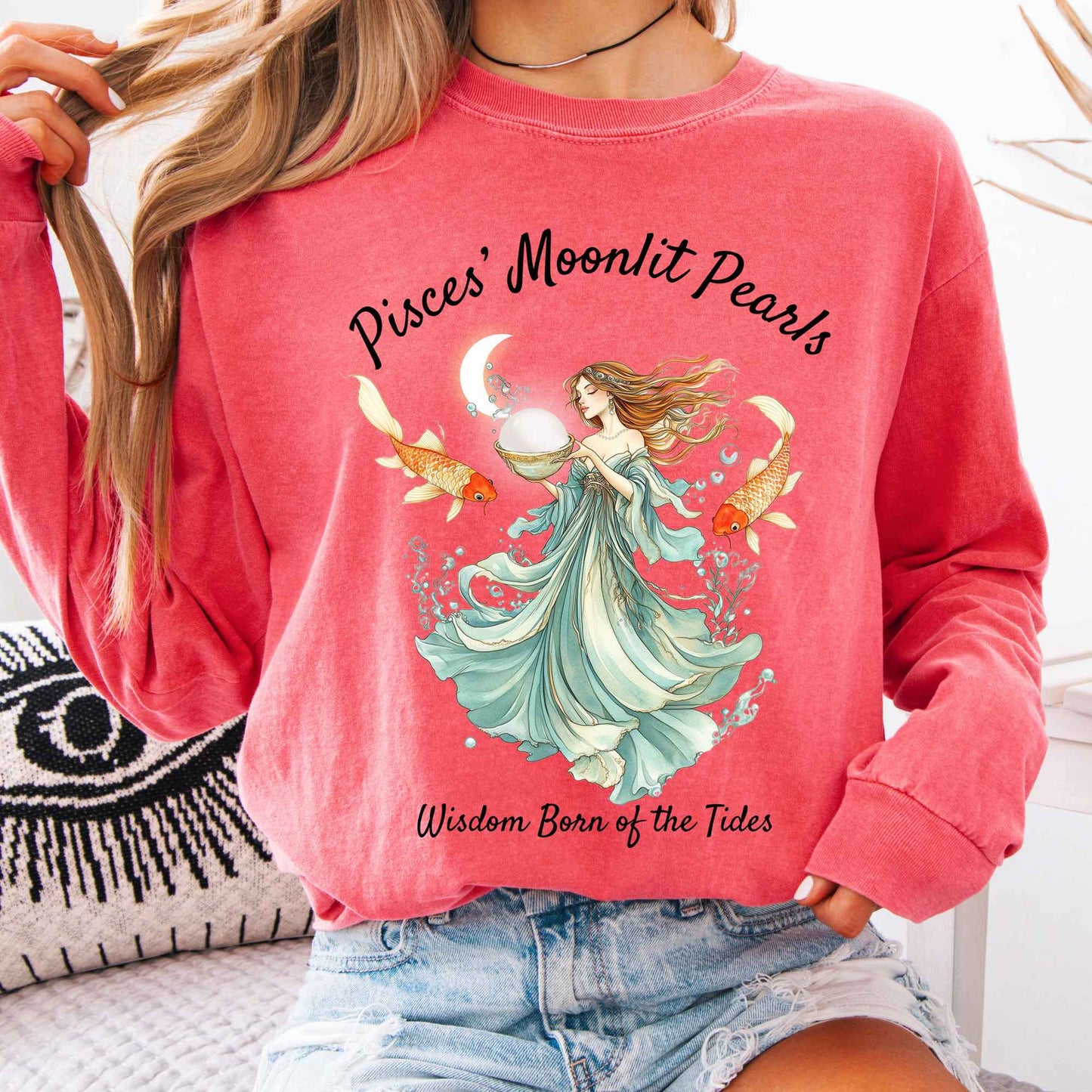 Long-sleeve Watermelon / S Pisces' Moonlit Pearls Zodiac Long Sleeve Tee The Mystic Eden