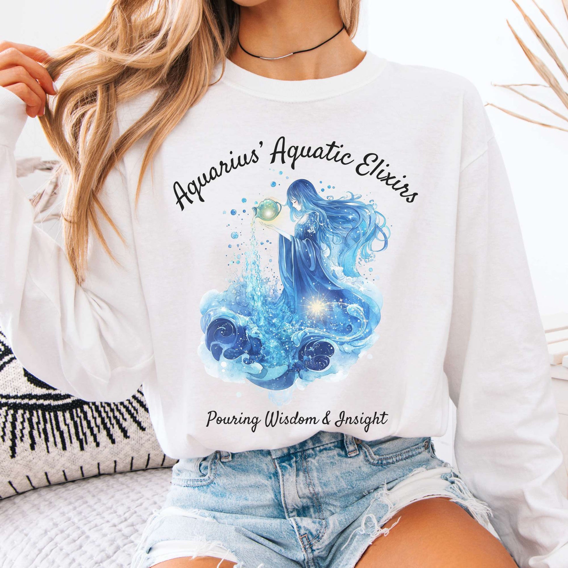 Long-sleeve White / S Aquarius Aquatic Elixirs Zodiac Long Sleeve Tee The Mystic Eden