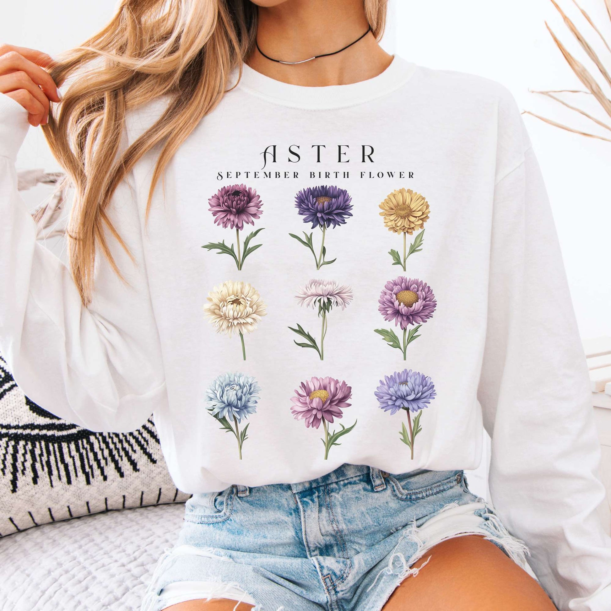 Long-sleeve White / S Aster September Birth Month Flower Long Sleeve Shirt The Mystic Eden