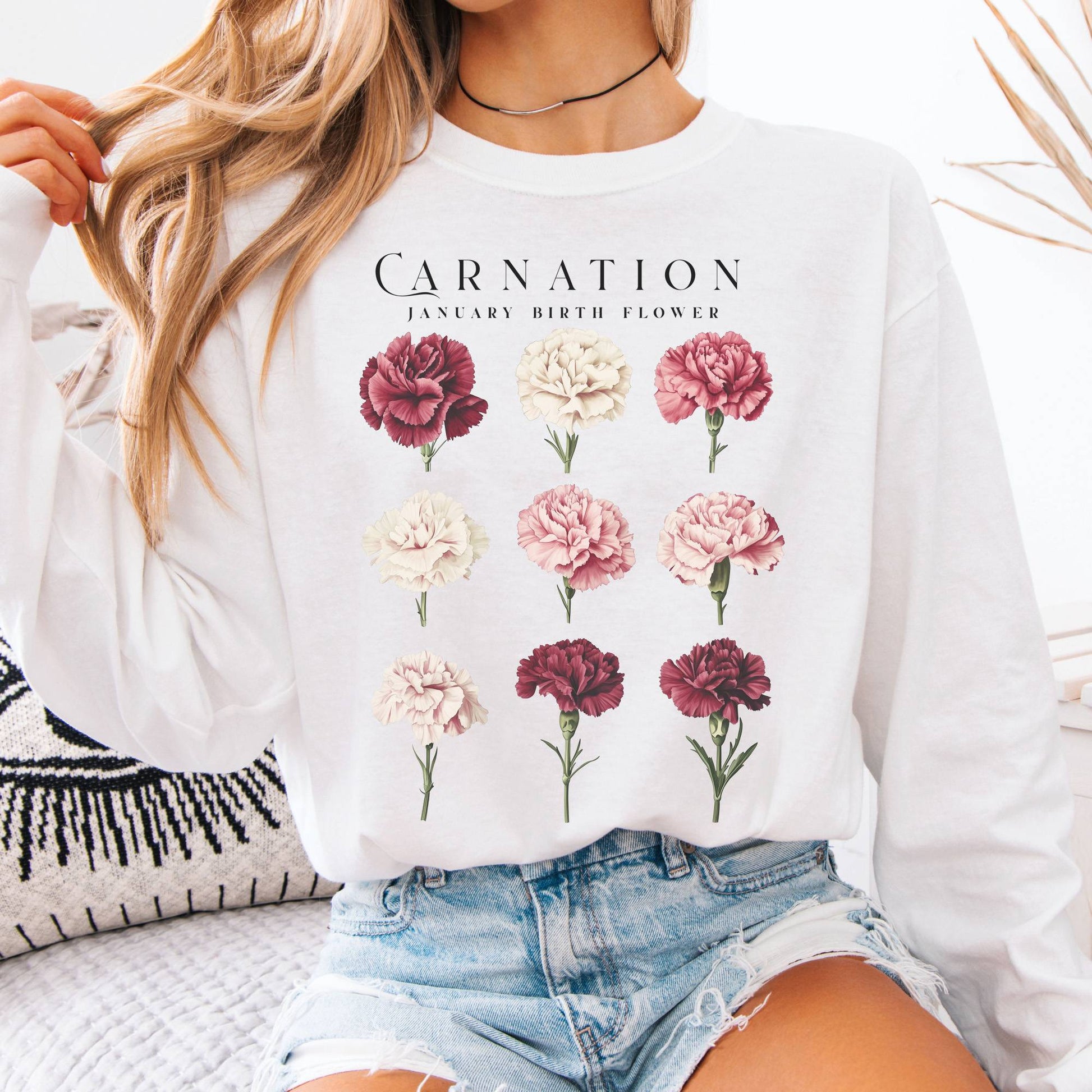 Long-sleeve White / S Carnation January Birth Month Flower Long Sleeve Shirt The Mystic Eden