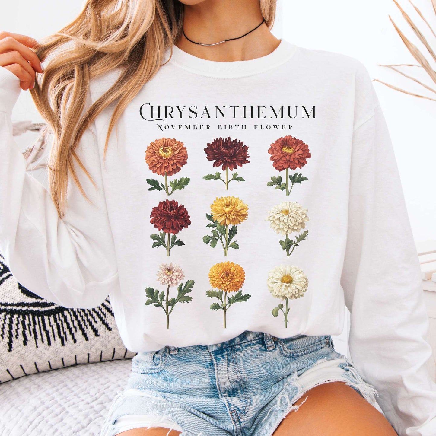 Long-sleeve White / S Chrysanthemum November Birth Month Flower Long Sleeve Shirt The Mystic Eden
