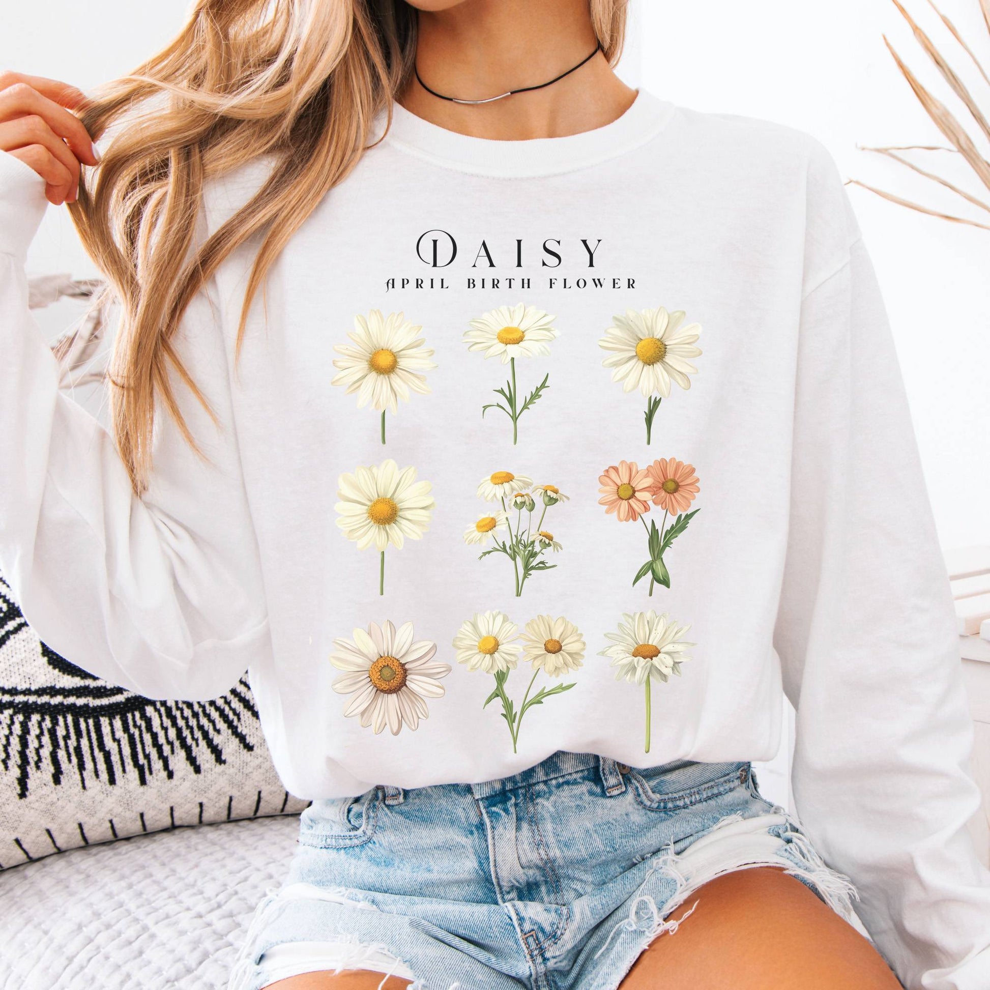 Long-sleeve White / S Daisy April Birth Month Flower Long Sleeve Shirt The Mystic Eden