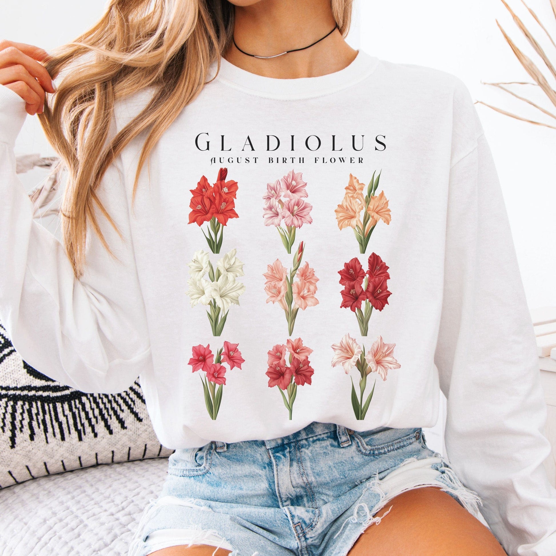 Long-sleeve White / S Gladiolus August Birth Month Flower Long Sleeve Shirt The Mystic Eden