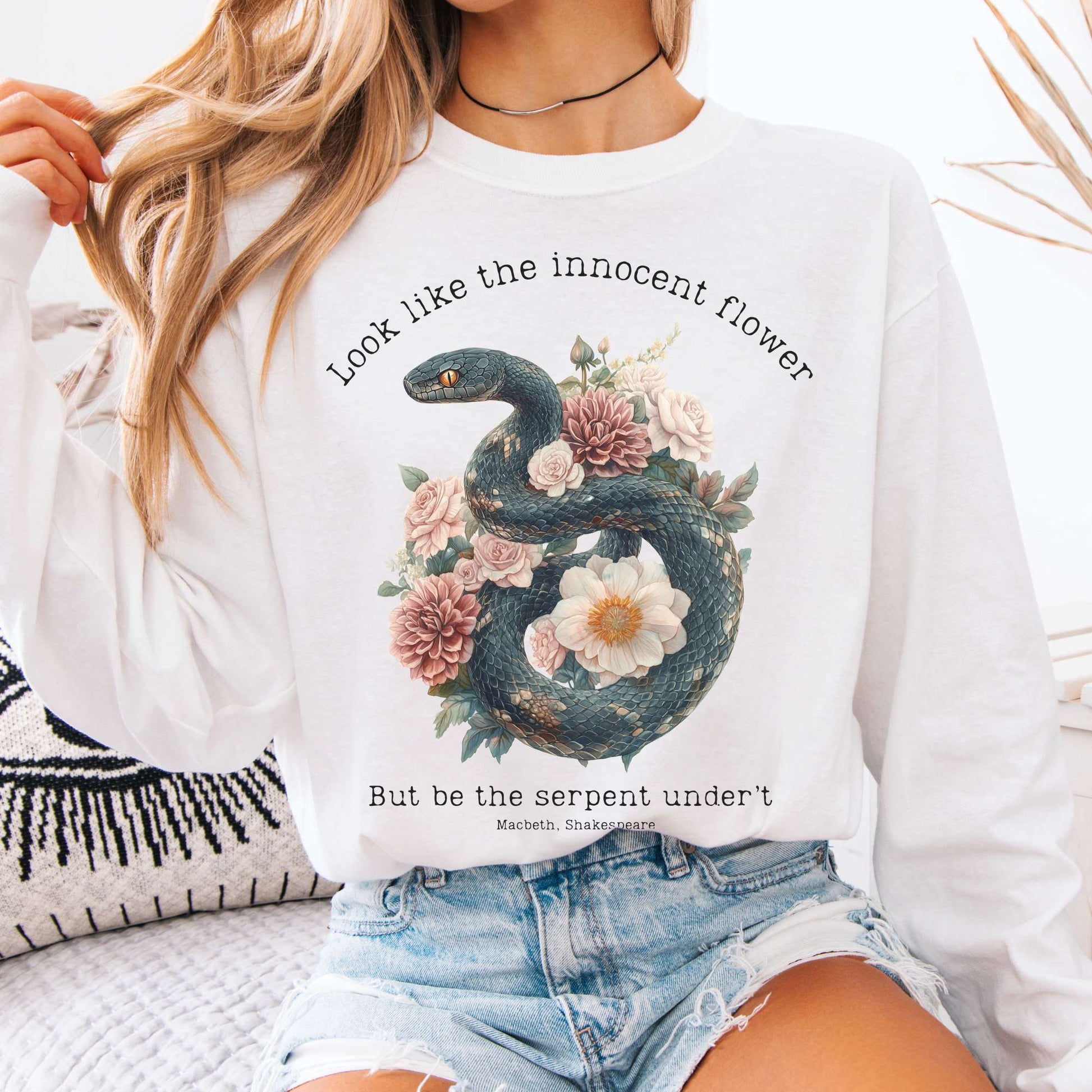 Long-sleeve White / S Look Like The Innocent Flower But Be The Serpent Under't Shakespeare Long Sleeve Shirt The Mystic Eden