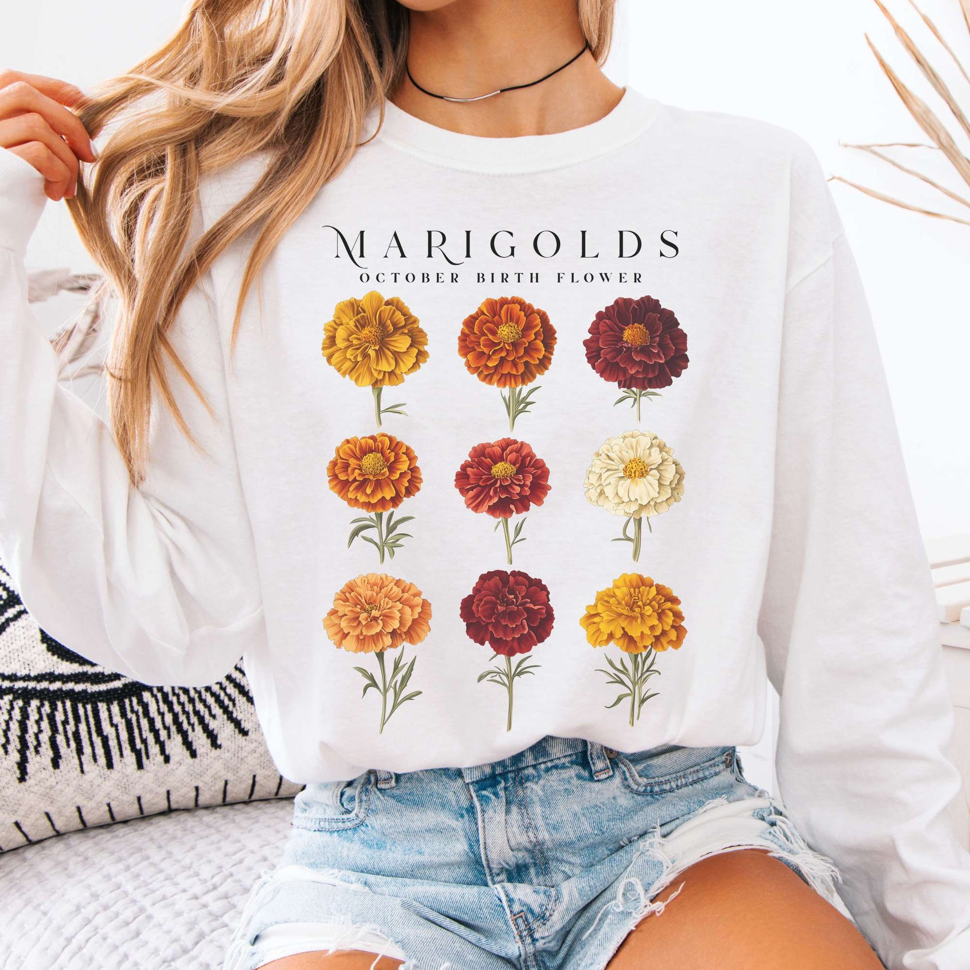 Long-sleeve White / S Marigolds October Birth Month Flower Long Sleeve Shirt The Mystic Eden