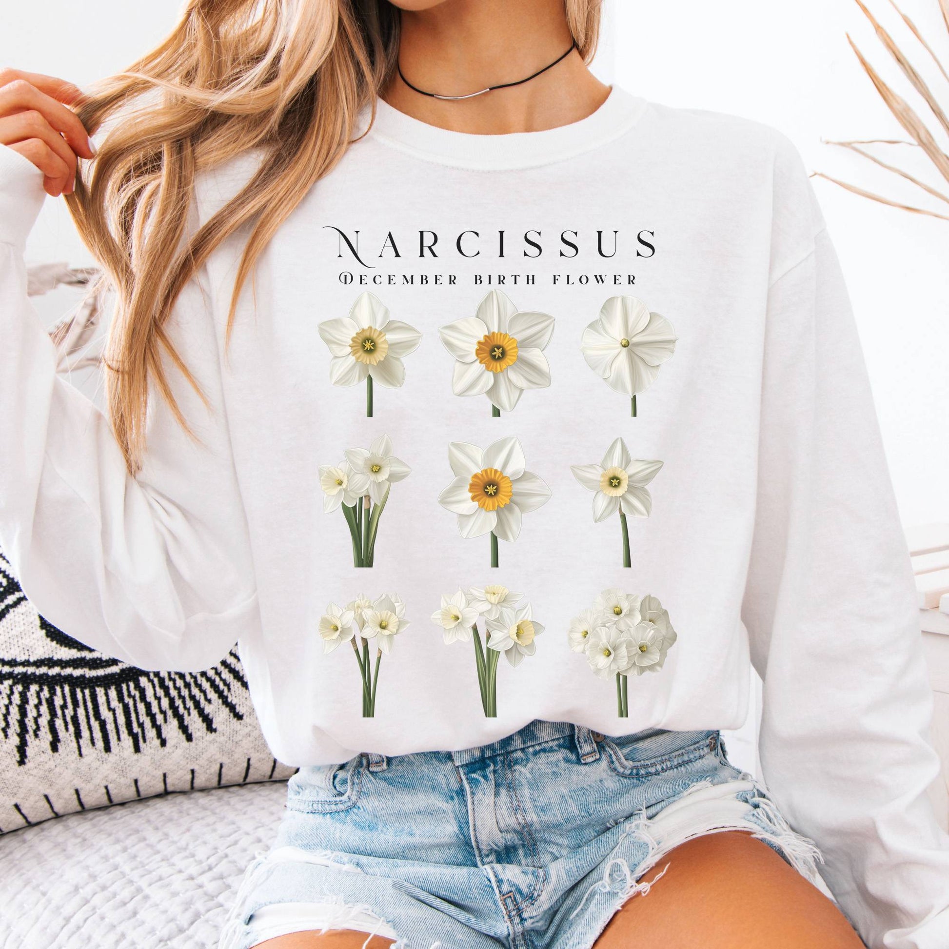 Long-sleeve White / S Narcissus December Birth Month Flower Long Sleeve Shirt The Mystic Eden