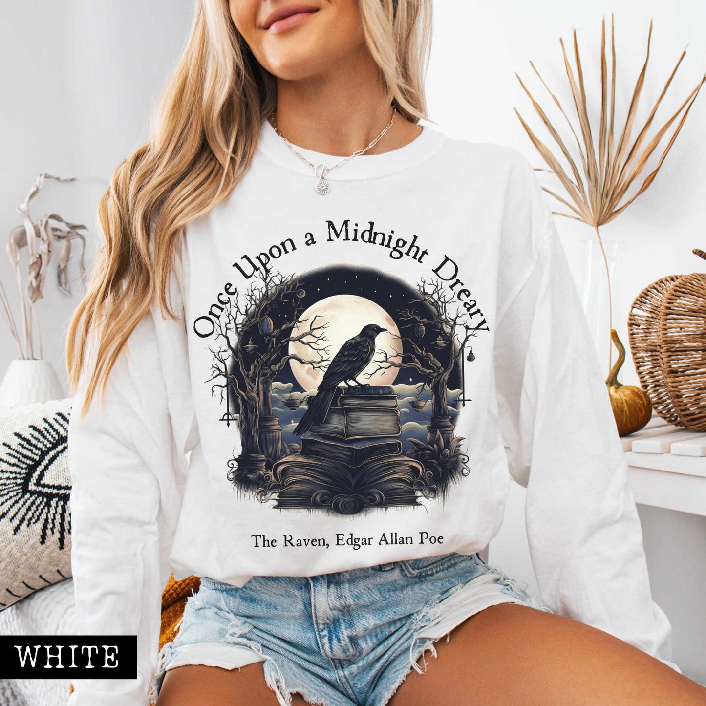Long-sleeve White / S Once Upon a Midnight Dreary Edgar Allan Poe Long Sleeved Shirt The Mystic Eden