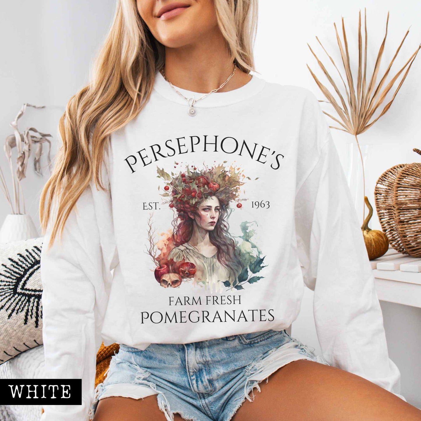 Long-sleeve White / S Persephone's Farm Fresh Pomegranates Long Sleeve T-Shirt The Mystic Eden