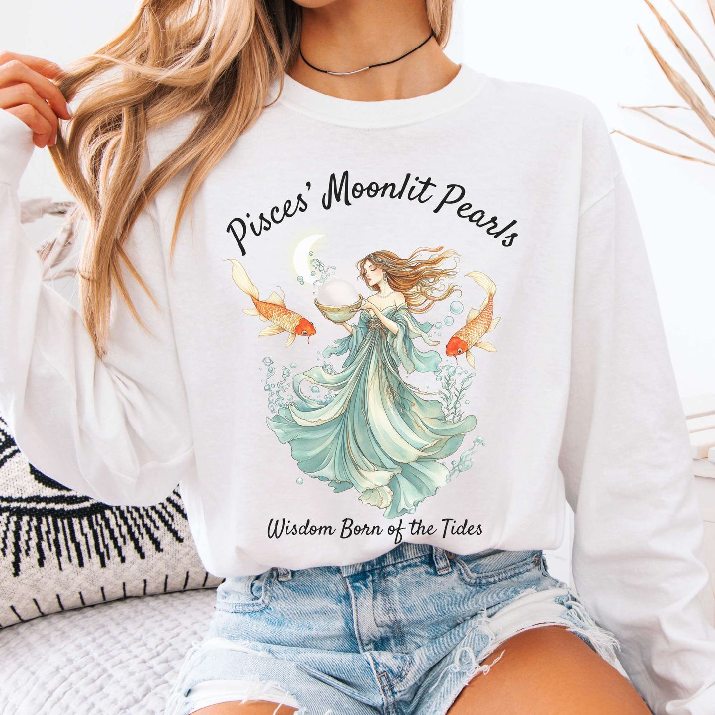 Long-sleeve White / S Pisces' Moonlit Pearls Zodiac Long Sleeve Tee The Mystic Eden