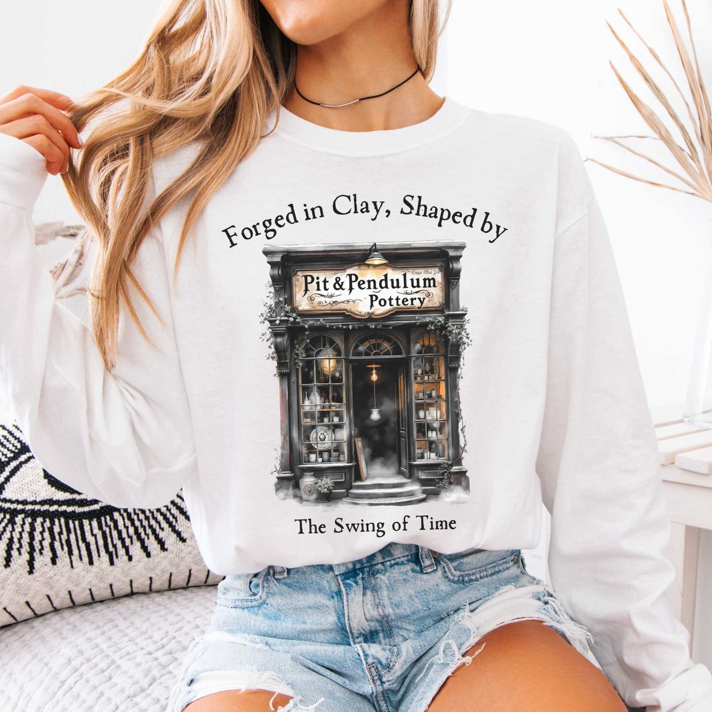 Long-sleeve White / S Pit & Pendulum Pottery Edgar Allan Poe Long Sleeved Shirt The Mystic Eden