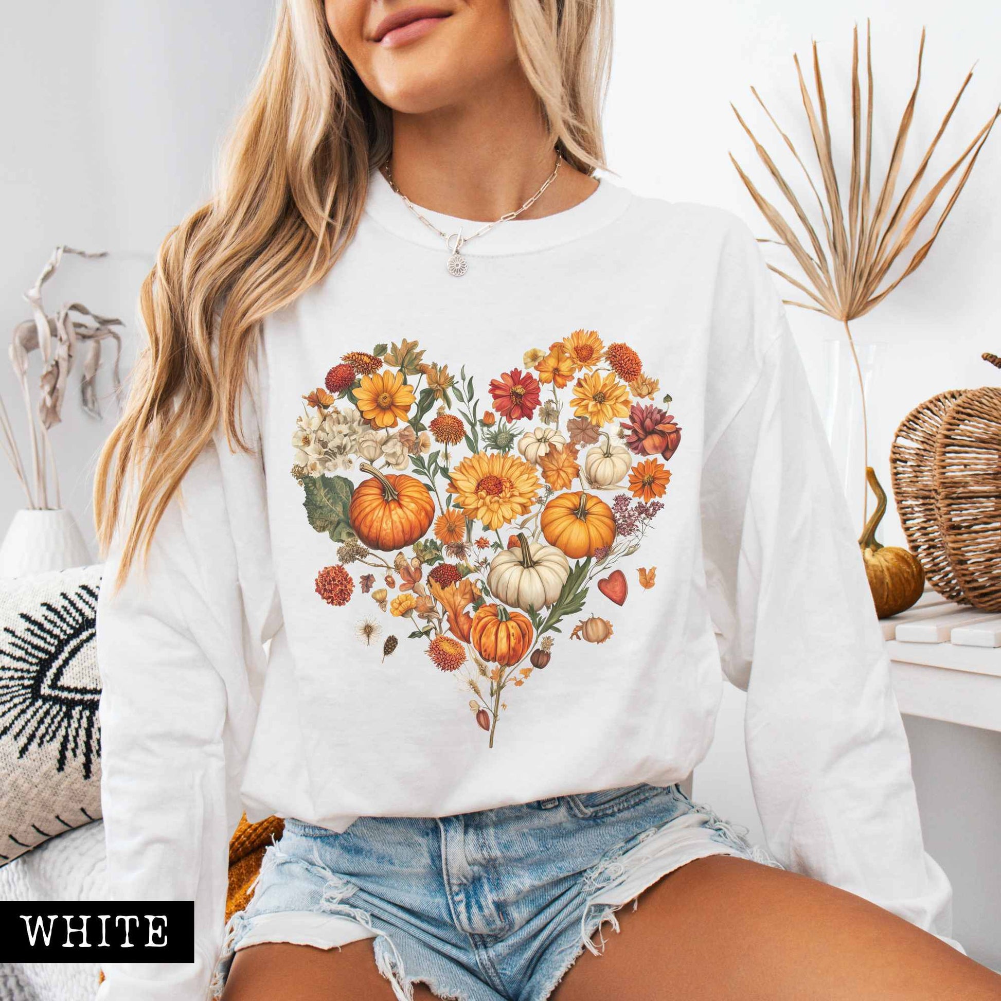 Long-sleeve White / S Pumpkin floral fall heart - long sleeve tee The Mystic Eden