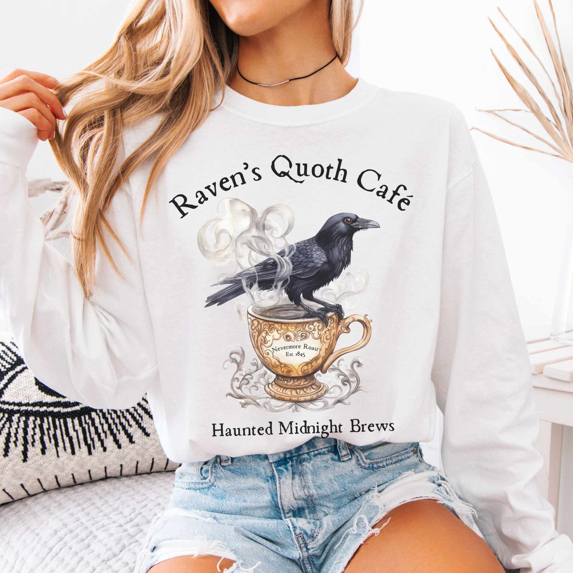 Long-sleeve White / S Raven's Quoth Cafe Long Sleeved Shirt The Mystic Eden