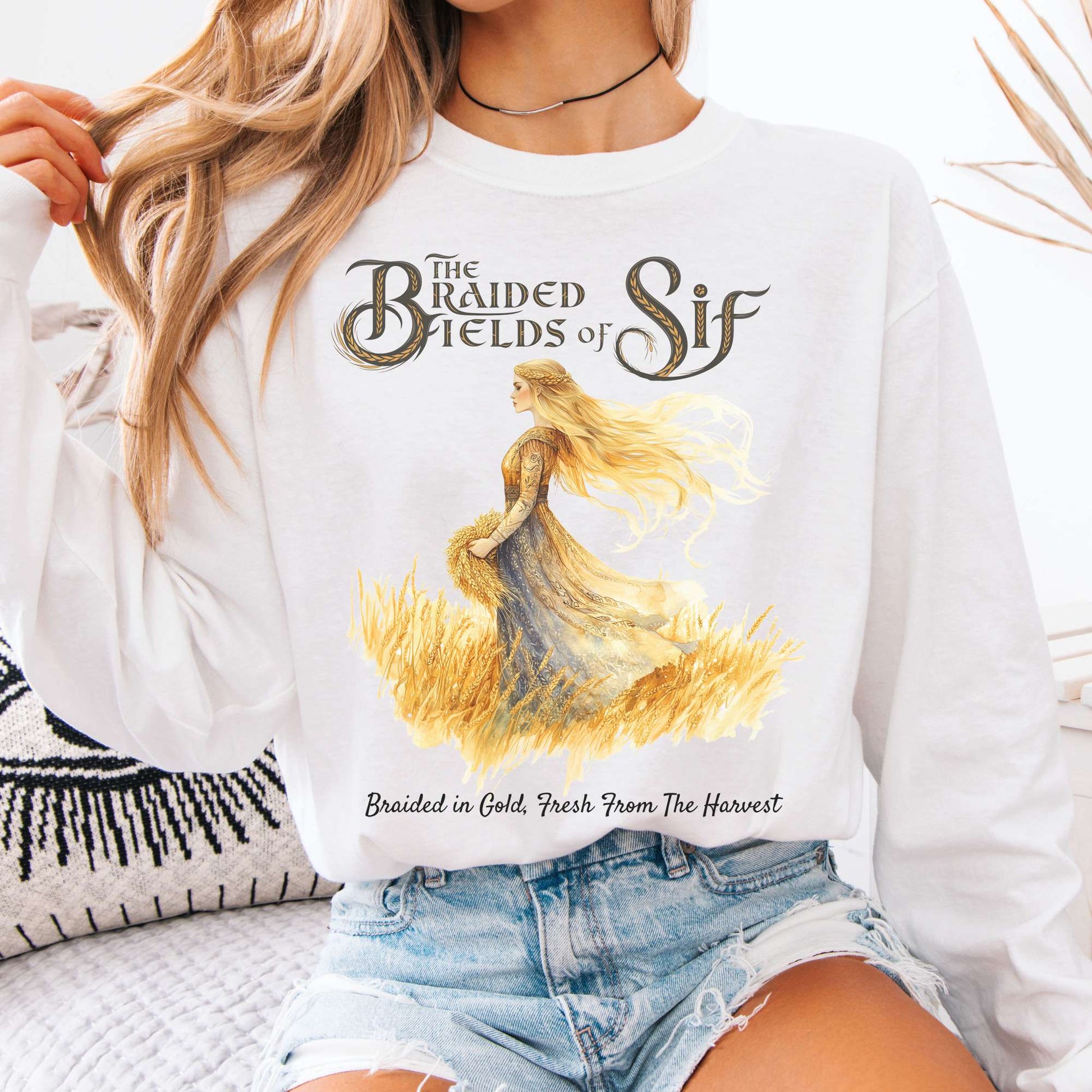 Long-sleeve White / S The Braided Fields of Sif Norse Goddess Long Sleeve Shirt The Mystic Eden