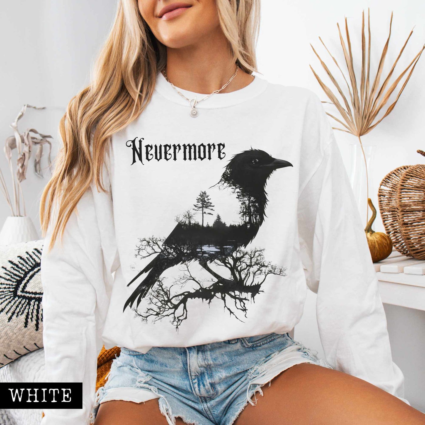 Long-sleeve White / S The Raven Nevermore Long Sleeved Shirt Edgar Allan Poe The Mystic Eden