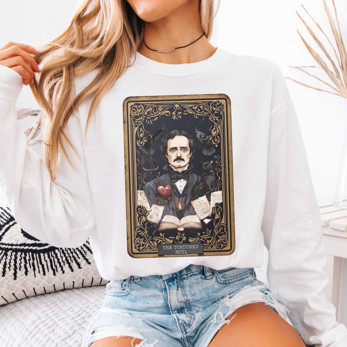 Long-sleeve White / S The Tortured Soul Tarot Card Edgar Allan Poe Long Sleeved Shirt The Mystic Eden