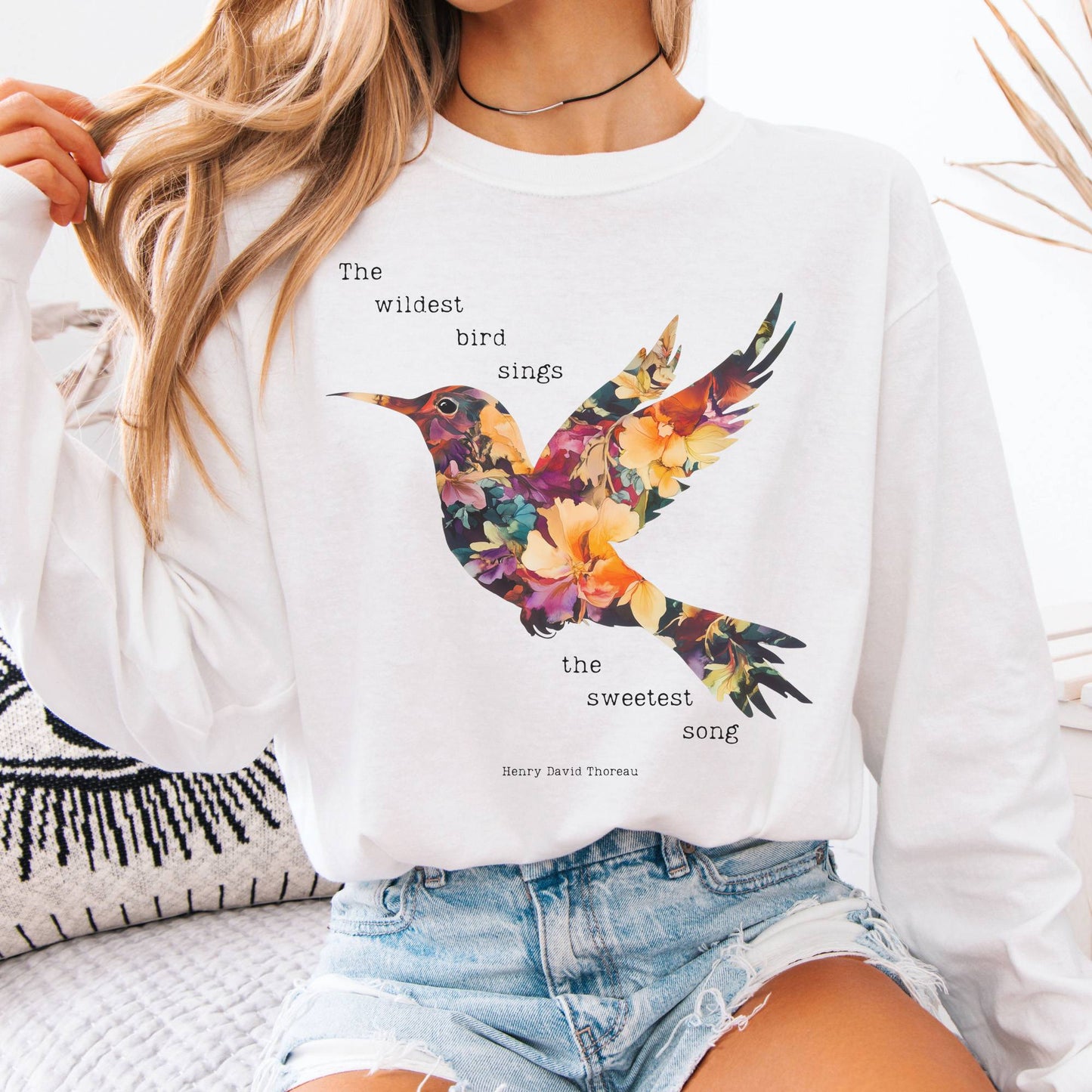 Long-sleeve White / S Thoreau Shirt Long Sleeve Where The Wildest Bird Sings The Mystic Eden