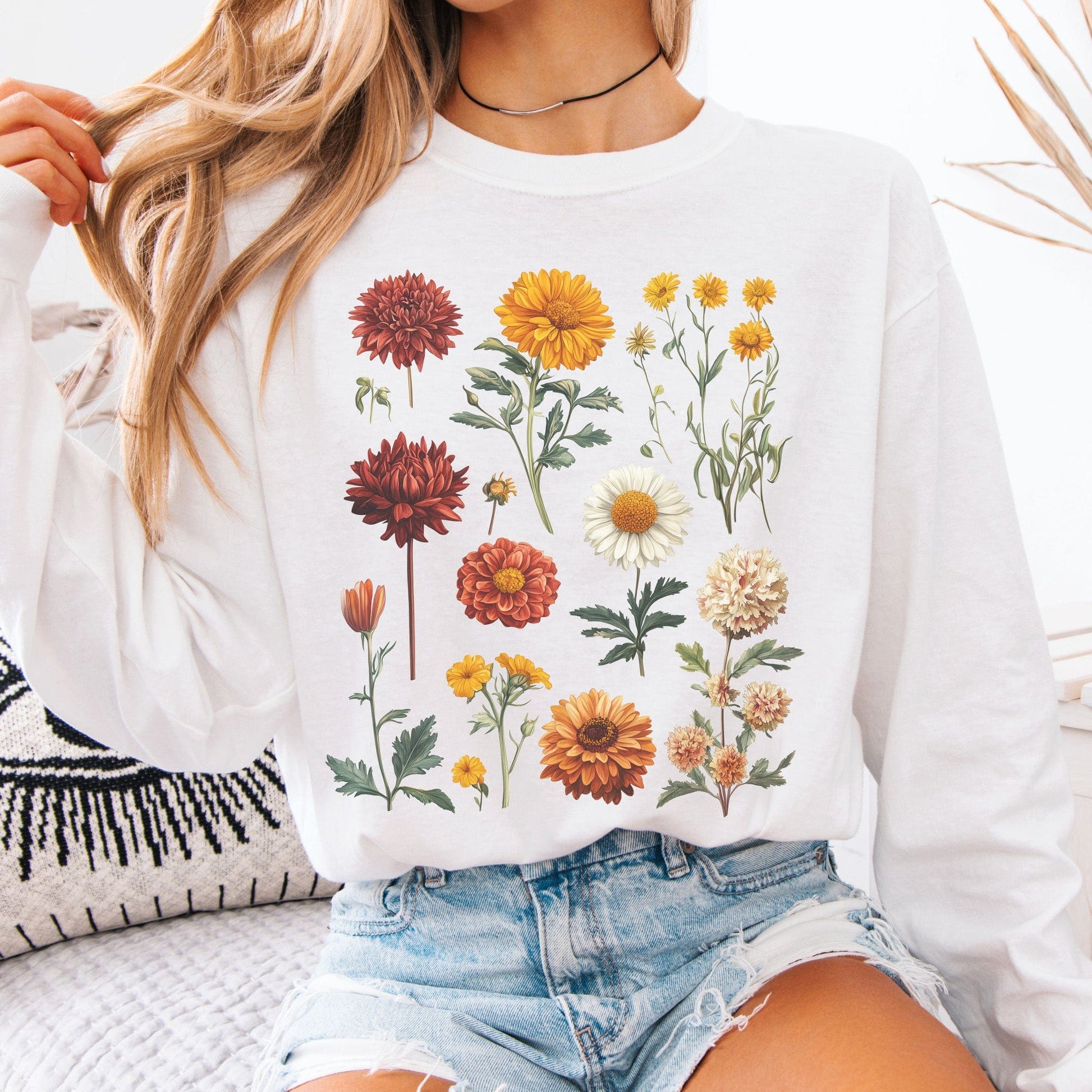 Long-sleeve White / S Vintage Botanical Floral Long Sleeve Shirt The Mystic Eden