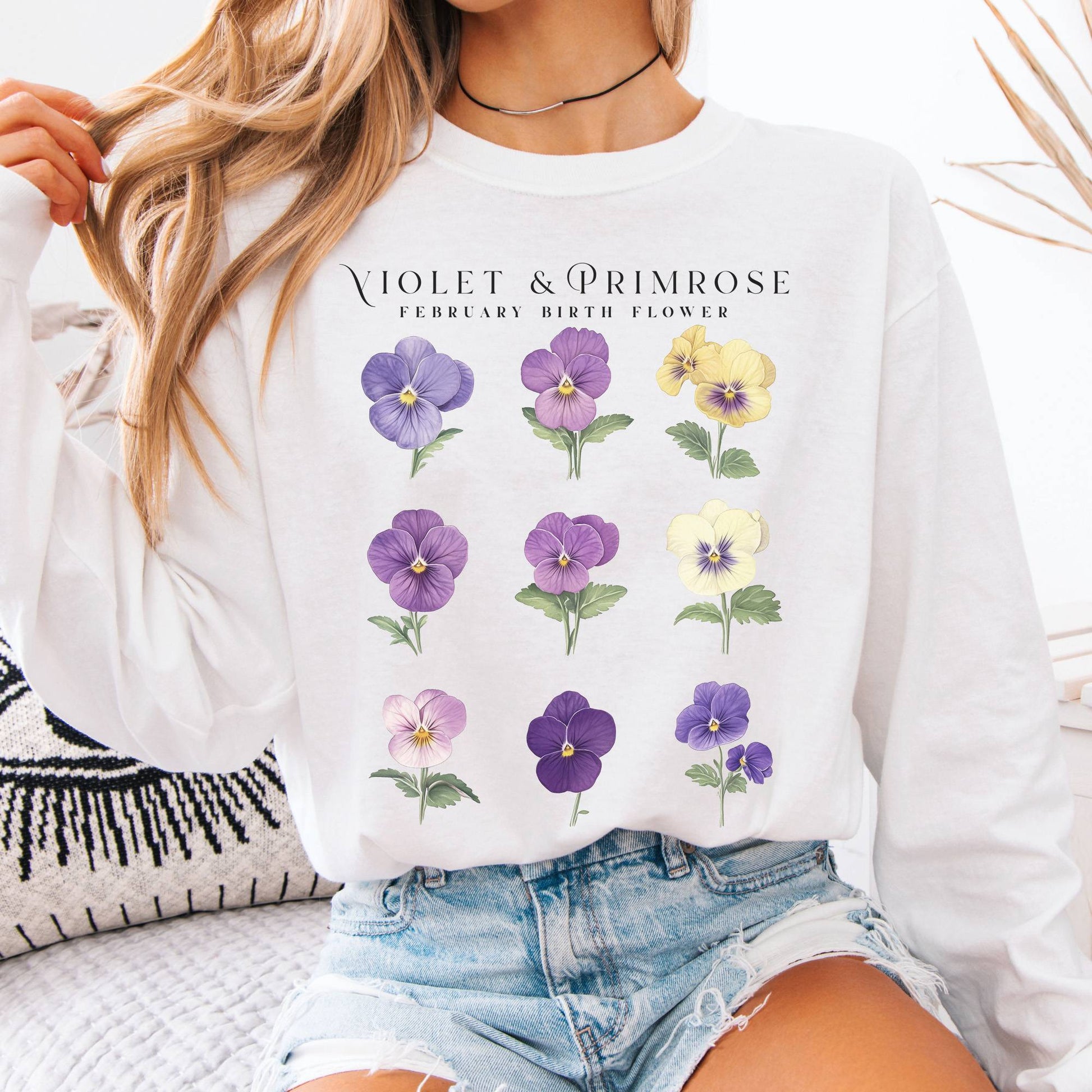 Long-sleeve White / S Violet & Primrose February Birth Month Flower Long Sleeve Shirt The Mystic Eden