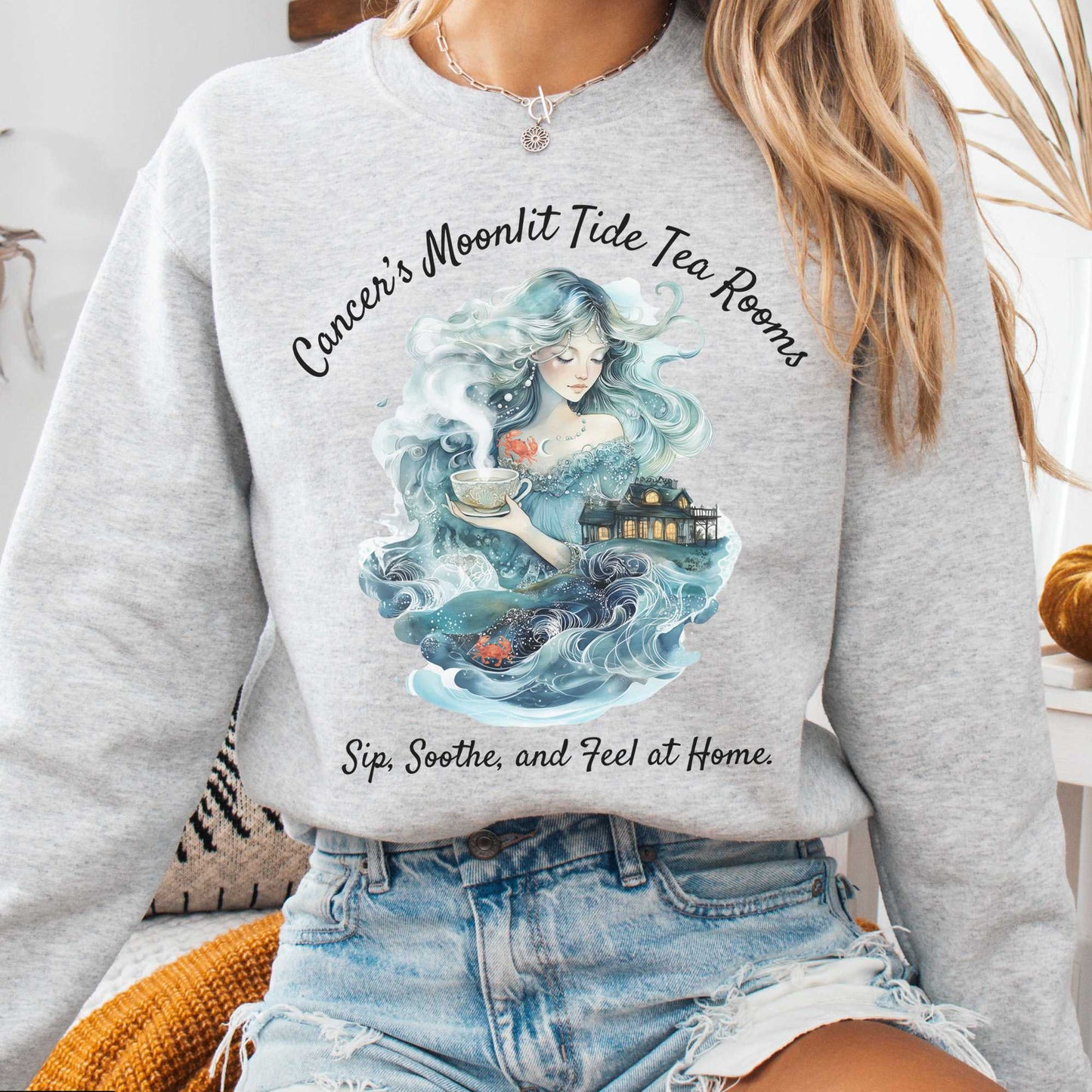 Sweatshirt Ash / S Cancer's Moonlit Tide Tea Rooms Zodiac Sweatshirt The Mystic Eden