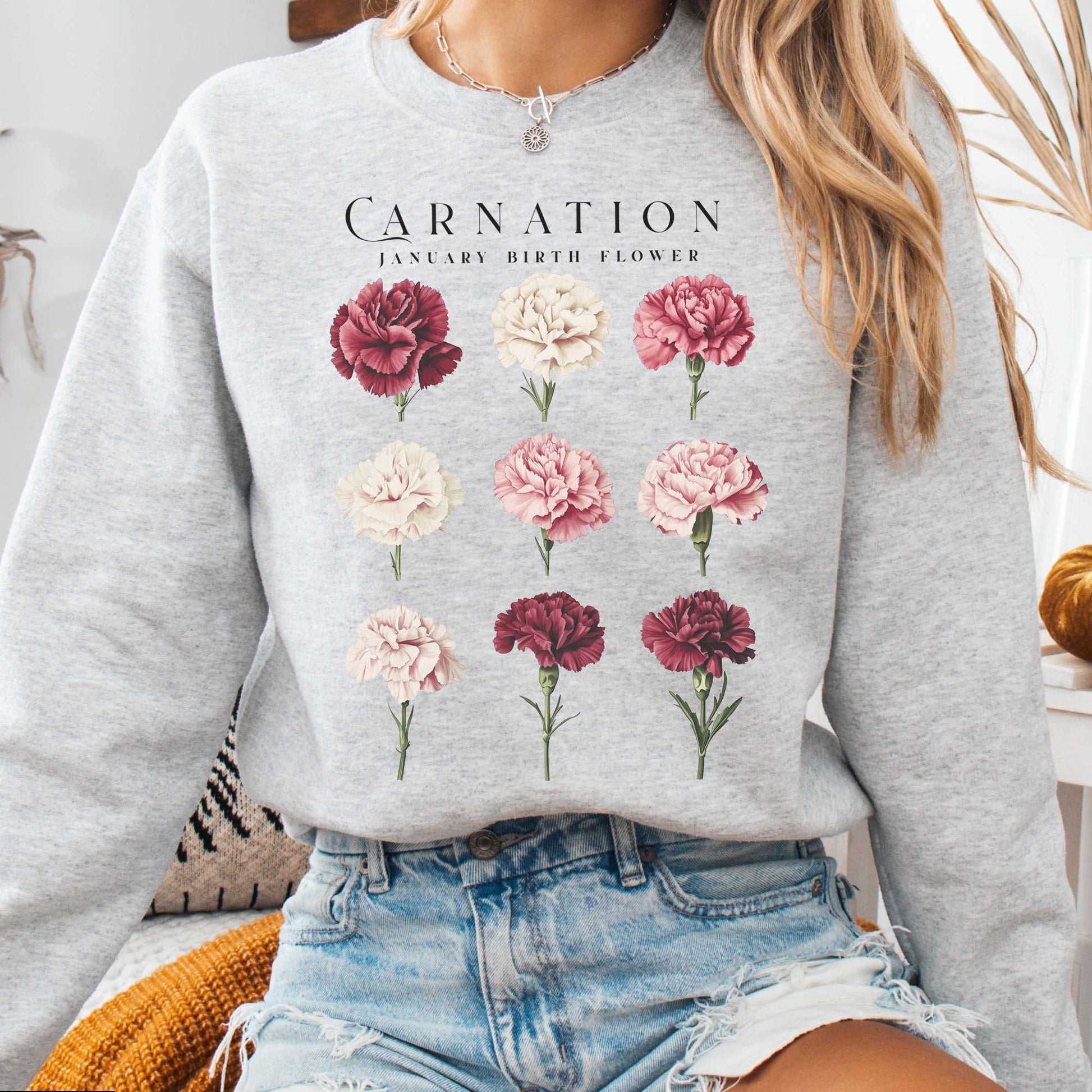 Sweatshirt Ash / S Carnation January Birth Month Flower Sweatshirt The Mystic Eden