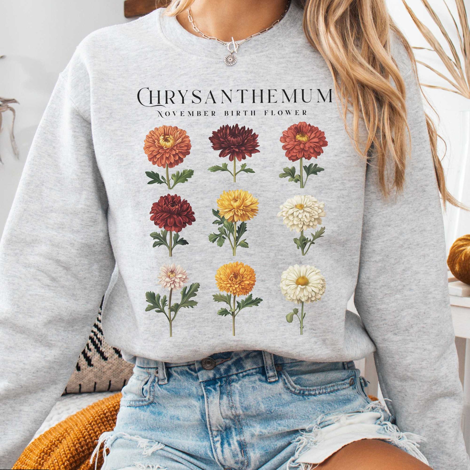 Sweatshirt Ash / S Chrysanthemum November Birth Month Flower Sweatshirt The Mystic Eden