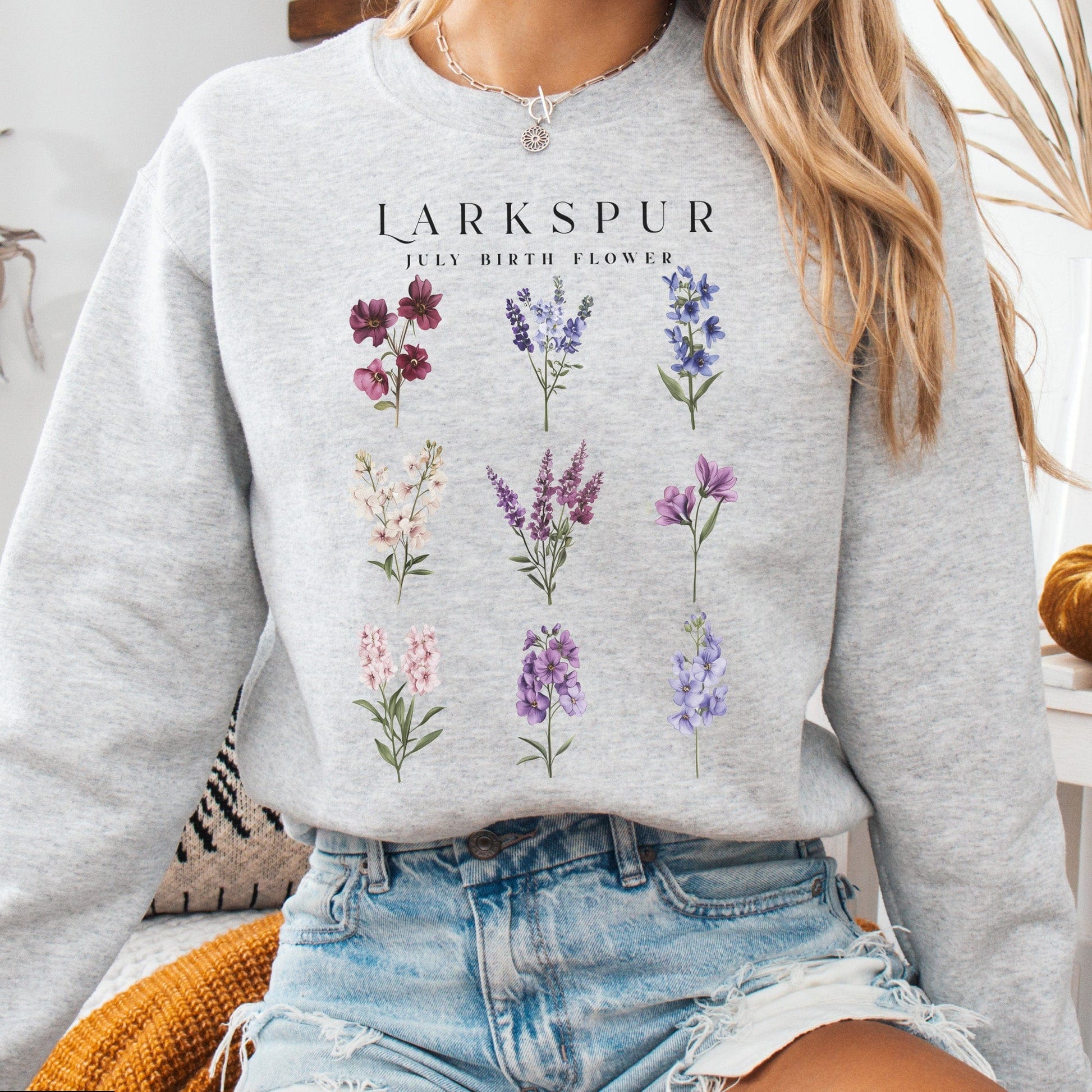 Sweatshirt Ash / S Larkspur July Birth Month Flower Sweatshirt The Mystic Eden