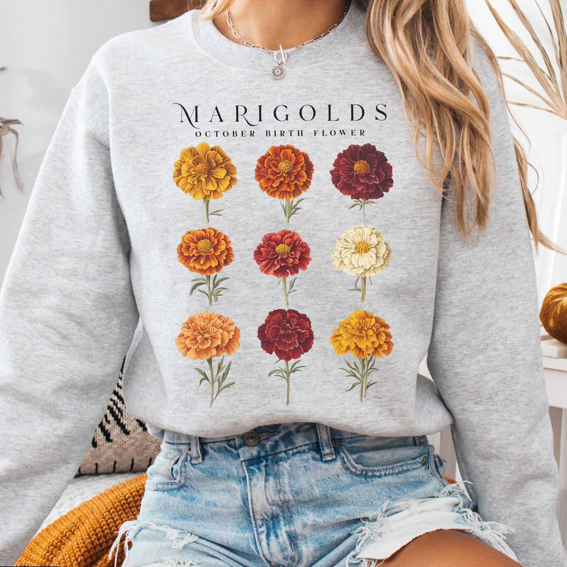 Sweatshirt Ash / S Marigolds October Birth Month Flower Sweatshirt The Mystic Eden