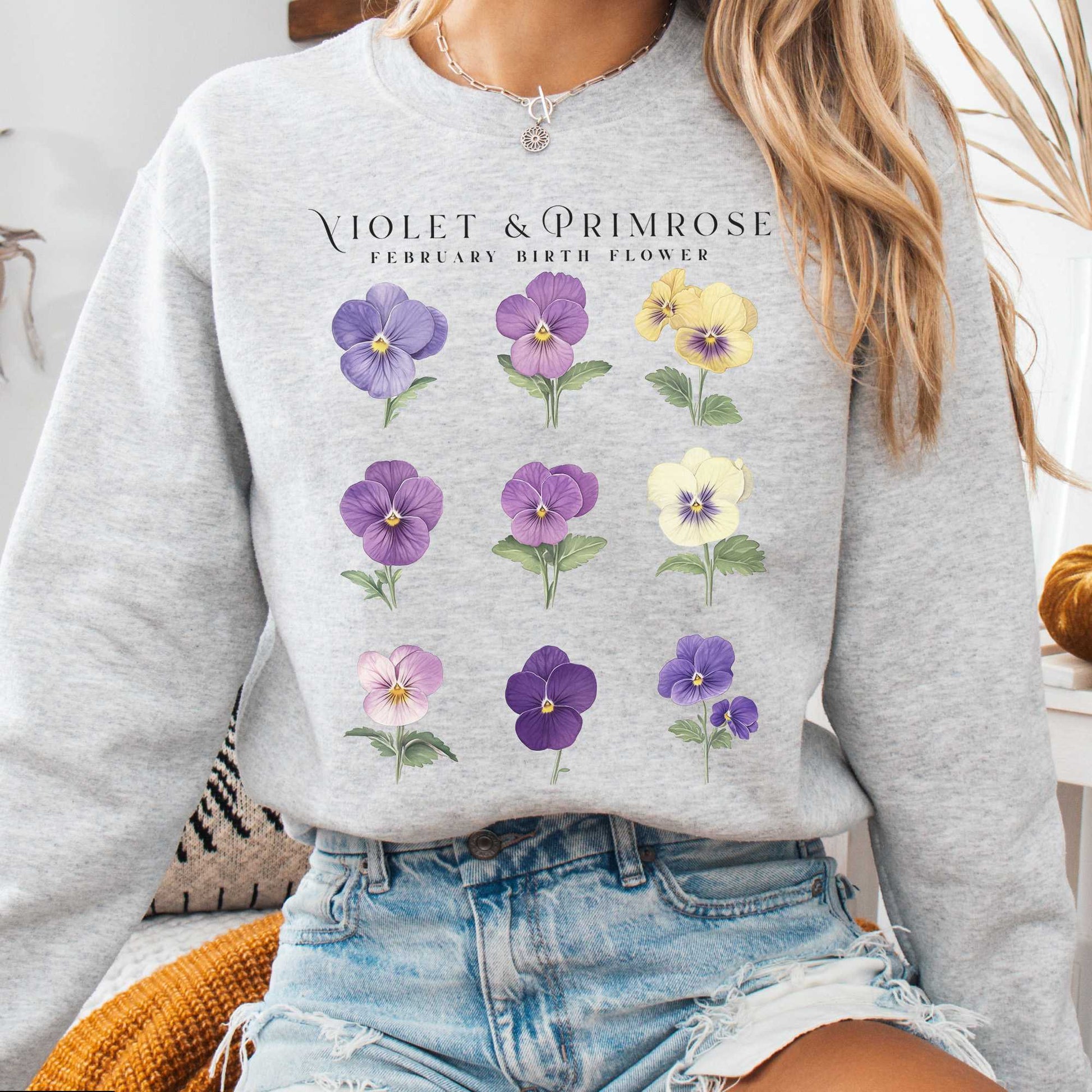 Sweatshirt Ash / S Violet & Primrose February Birth Month Flower Sweatshirt The Mystic Eden