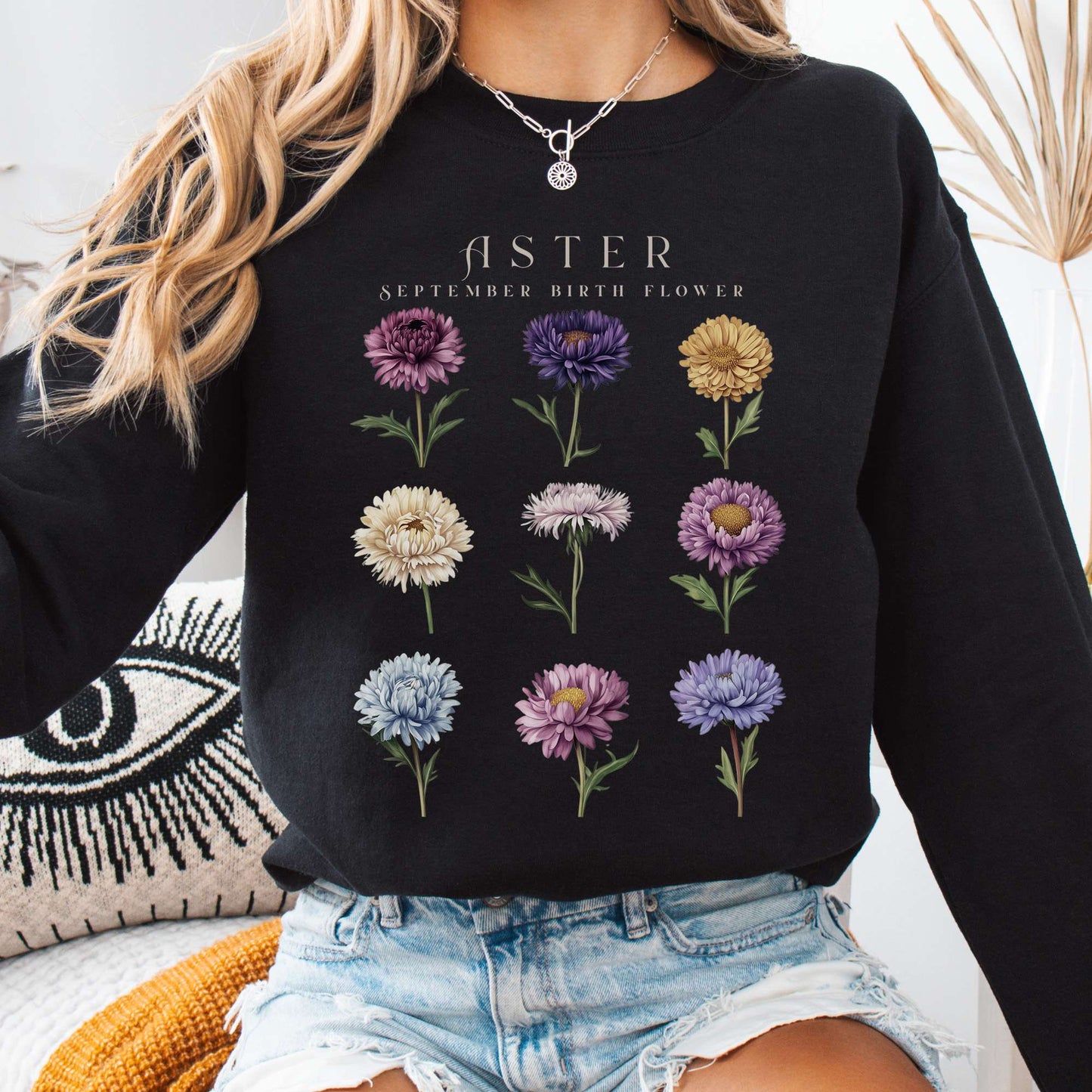 Sweatshirt Black / S Aster September Birth Month Flower Sweatshirt The Mystic Eden