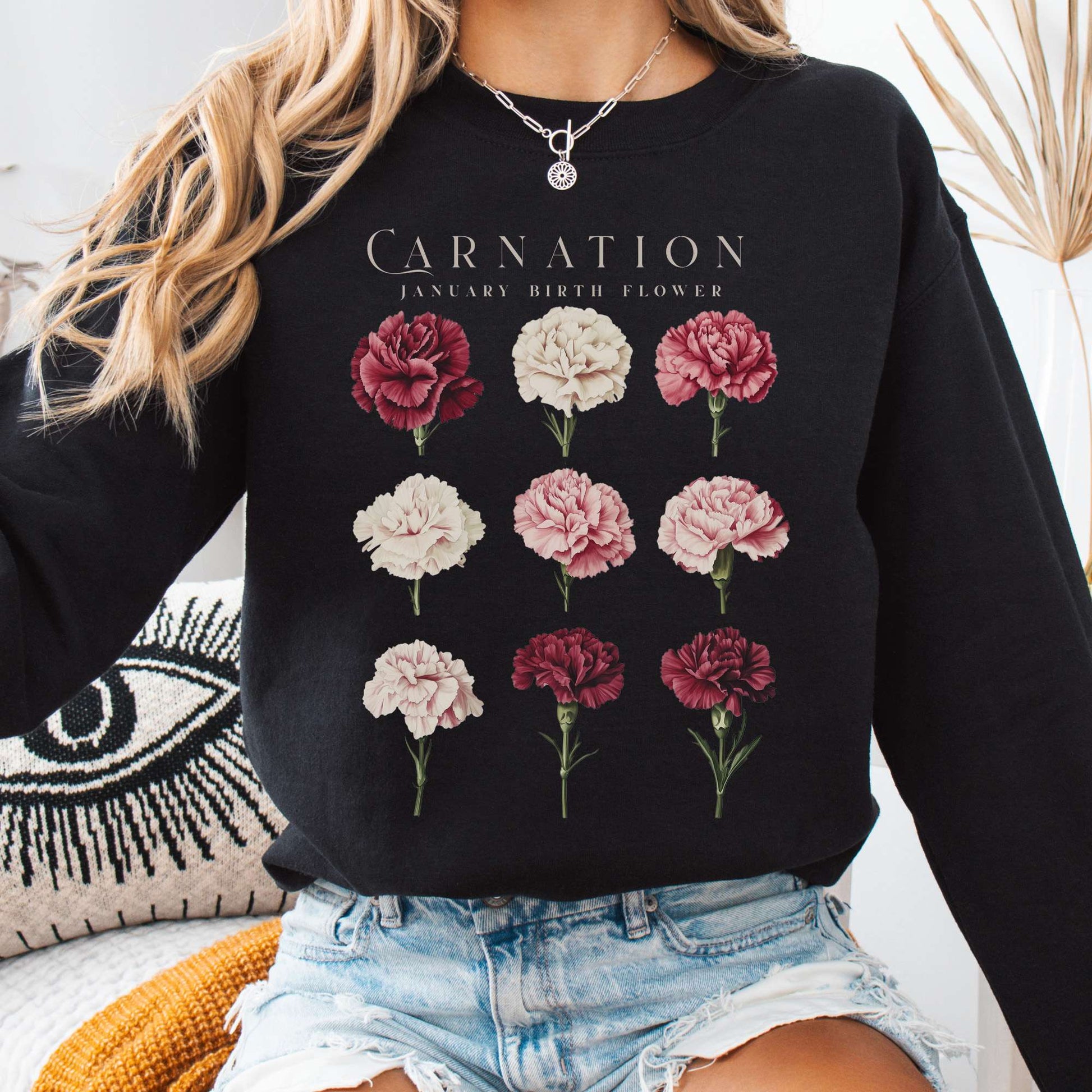 Sweatshirt Black / S Carnation January Birth Month Flower Sweatshirt The Mystic Eden