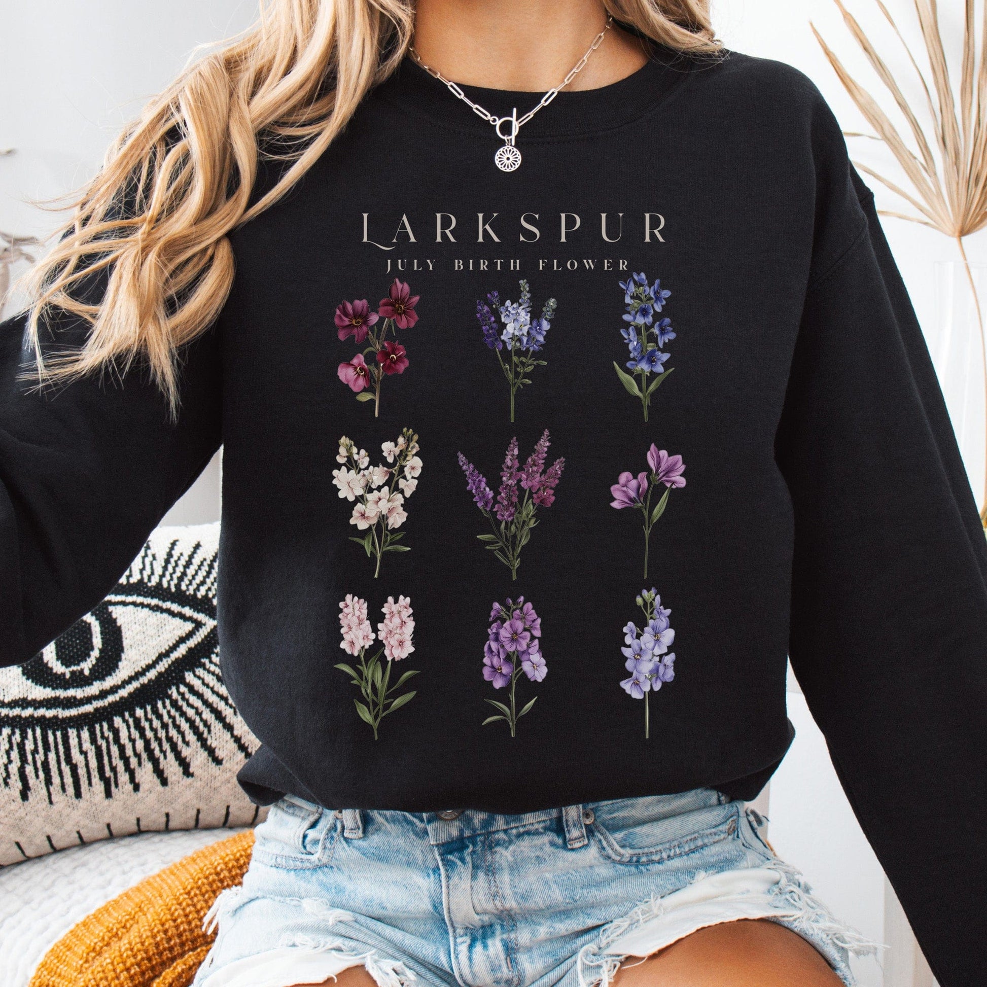 Sweatshirt Black / S Larkspur July Birth Month Flower Sweatshirt The Mystic Eden