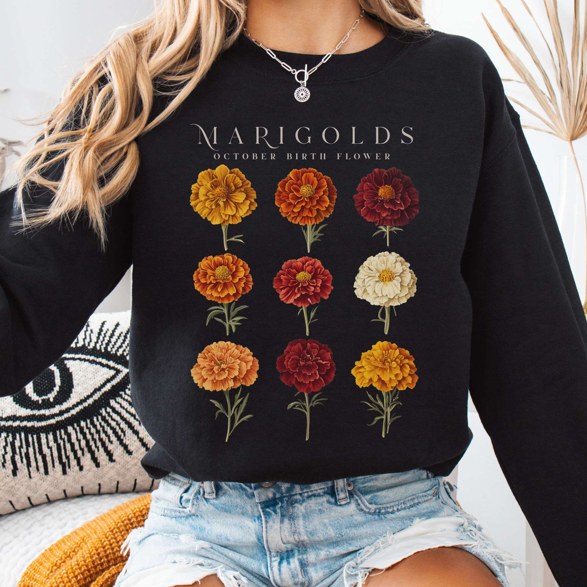 Sweatshirt Black / S Marigolds October Birth Month Flower Sweatshirt The Mystic Eden