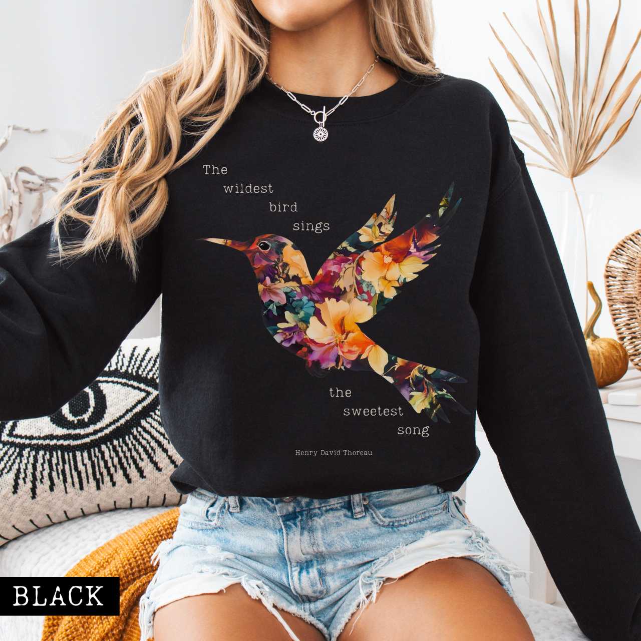 Sweatshirt Black / S The Wildest Bird Sings the Sweetest Song - Henry Thoreau Sweatshirt The Mystic Eden