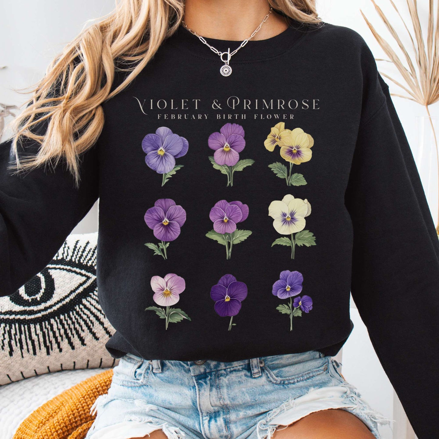 Sweatshirt Black / S Violet & Primrose February Birth Month Flower Sweatshirt The Mystic Eden