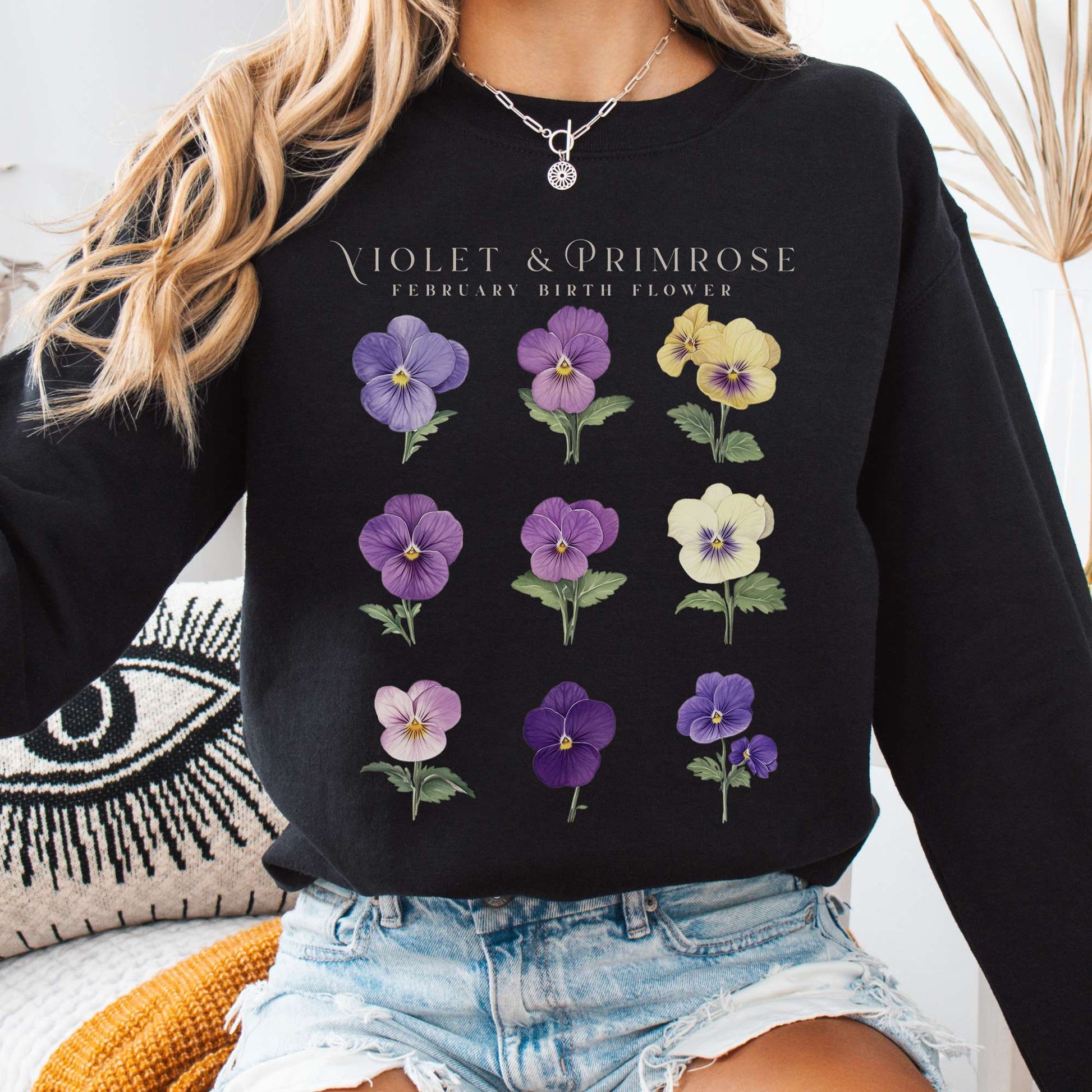 Sweatshirt Black / S Violet & Primrose February Birth Month Flower Sweatshirt The Mystic Eden