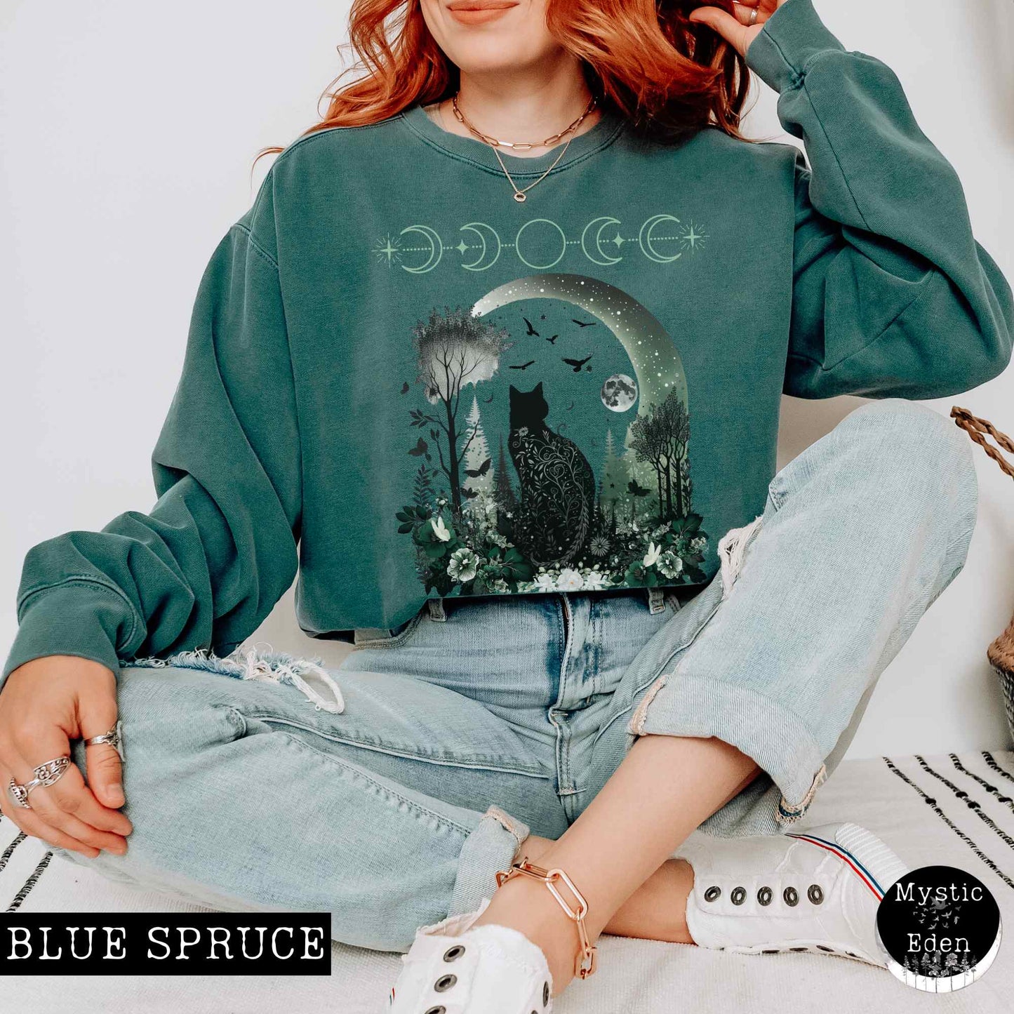 Sweatshirt Blue Spruce / S Mystical Black Cat Sweatshirt The Mystic Eden
