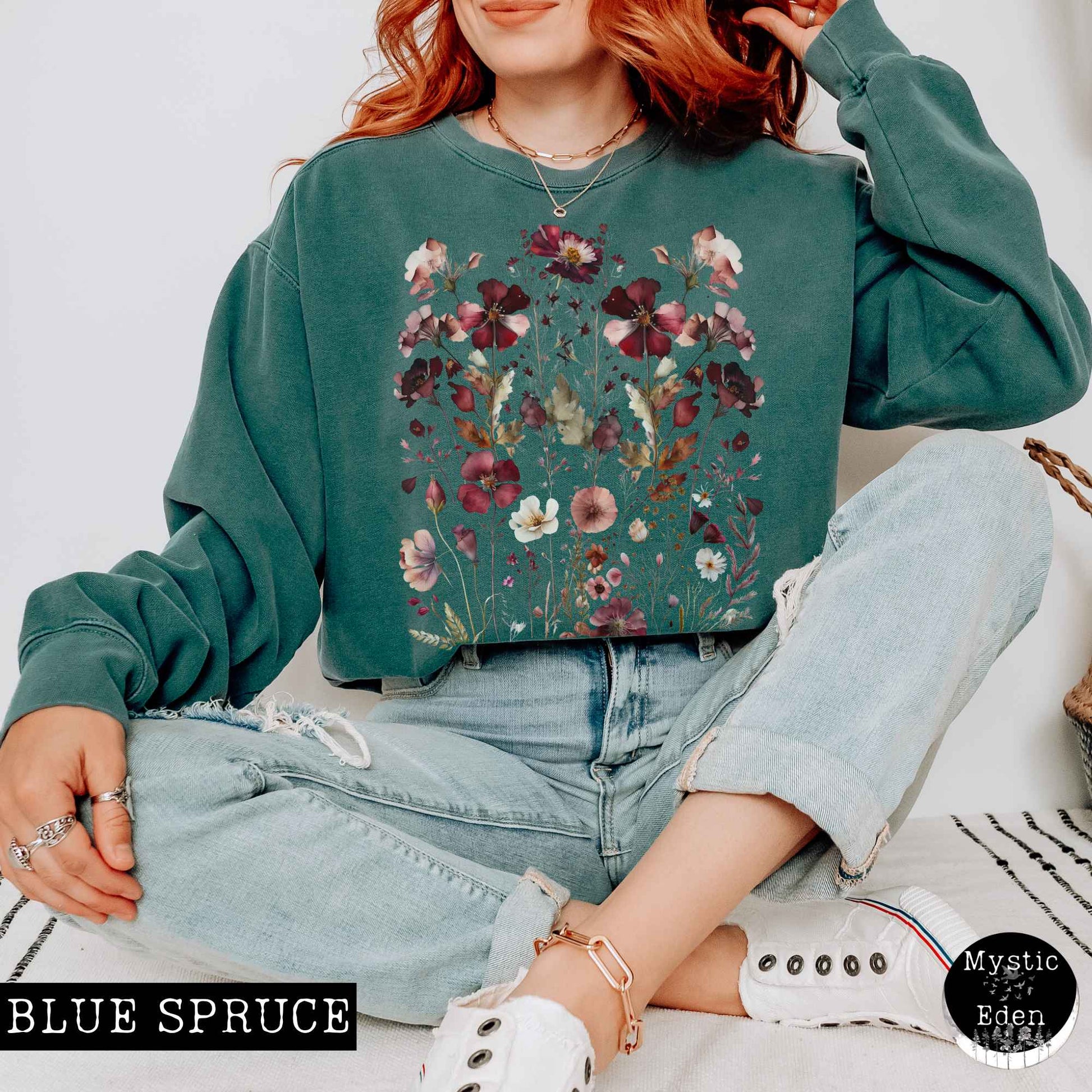 Sweatshirt Blue Spruce / S Vintage Maroon Floral Sweatshirt The Mystic Eden
